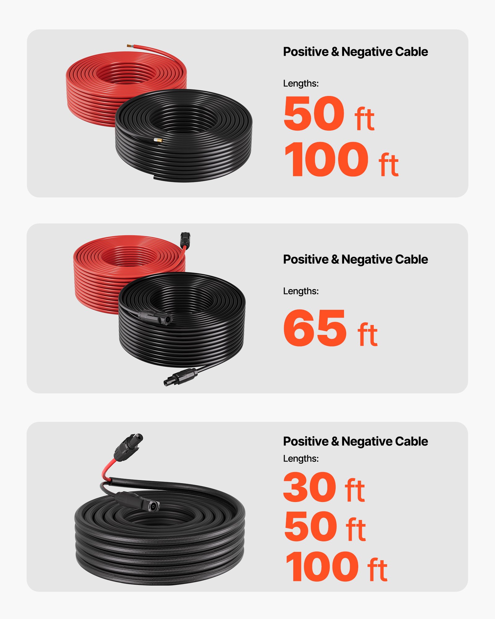 Cable de extensión para panel solar de 50 pies, 10 AWG, IP67 impermeable, ignífugo