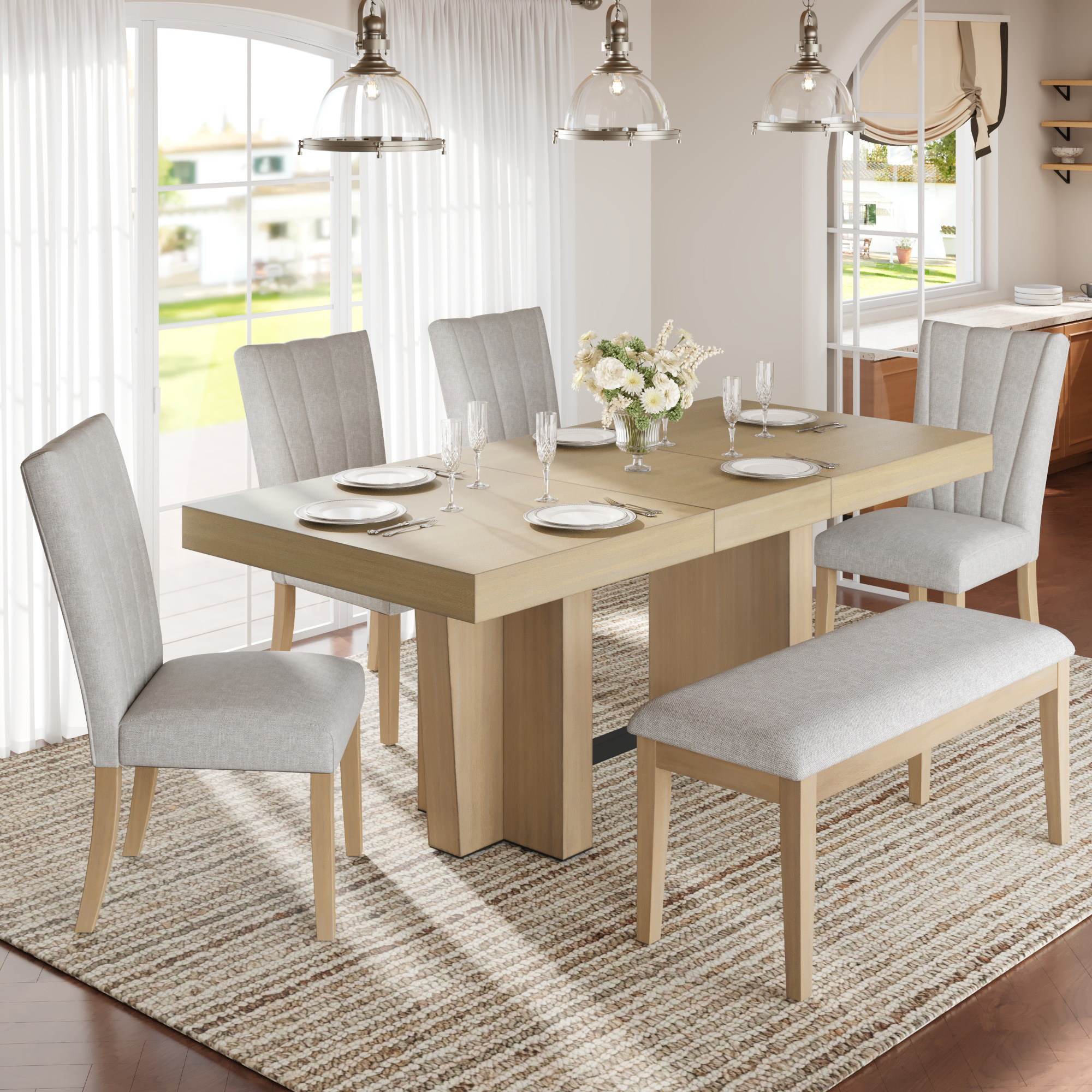 TOPMAX Farmhouse 78.1inch Extendable Wood Dining Table Set For 6, Kitchen Table Set With Bench And 4 Upholstered Chairs,3.8inch Thick Tabletop And Trestle Legs For Kitchen, Dining Room, Natural Beige
