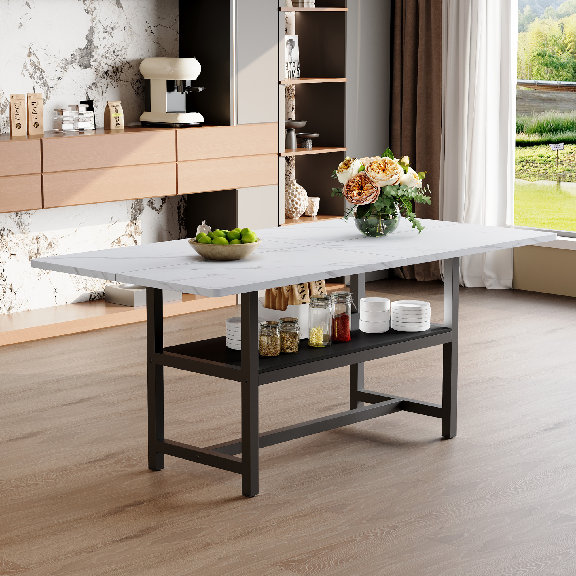 Mesa de comedor blanca de 71 x 35.4 pulgadas con plataforma de almacenamiento