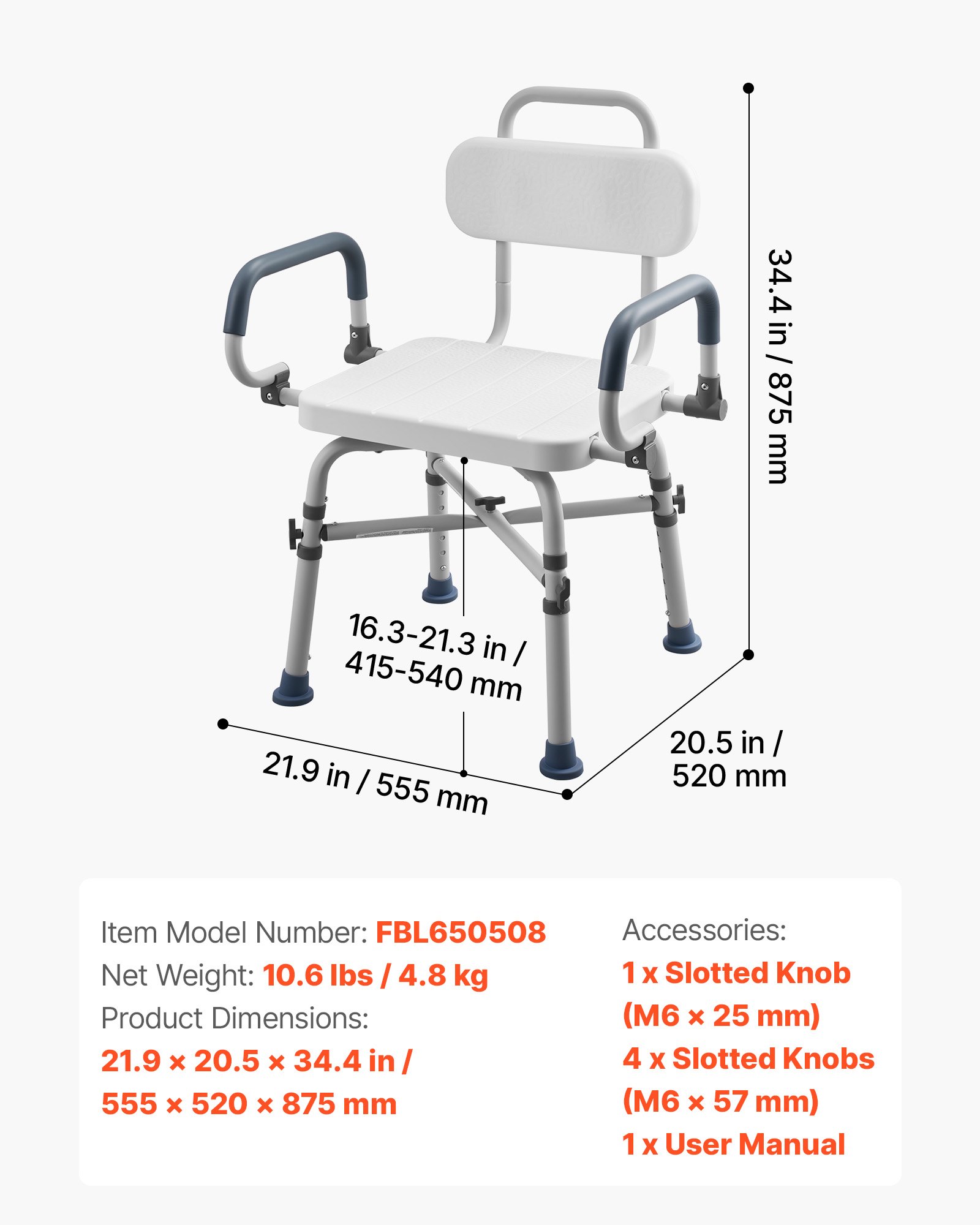 Silla de ducha giratoria con brazos y respaldo, 500 libras, altura ajustable