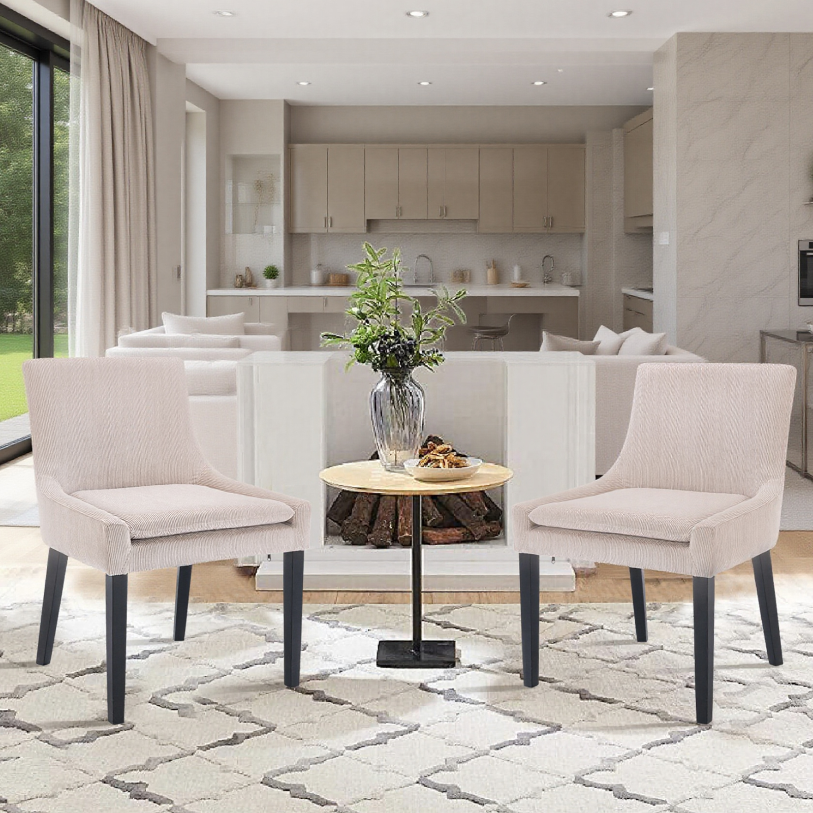 Upholstered Dining Chairs With Mid Back And Wood Legs, Set Of 2, Beige
