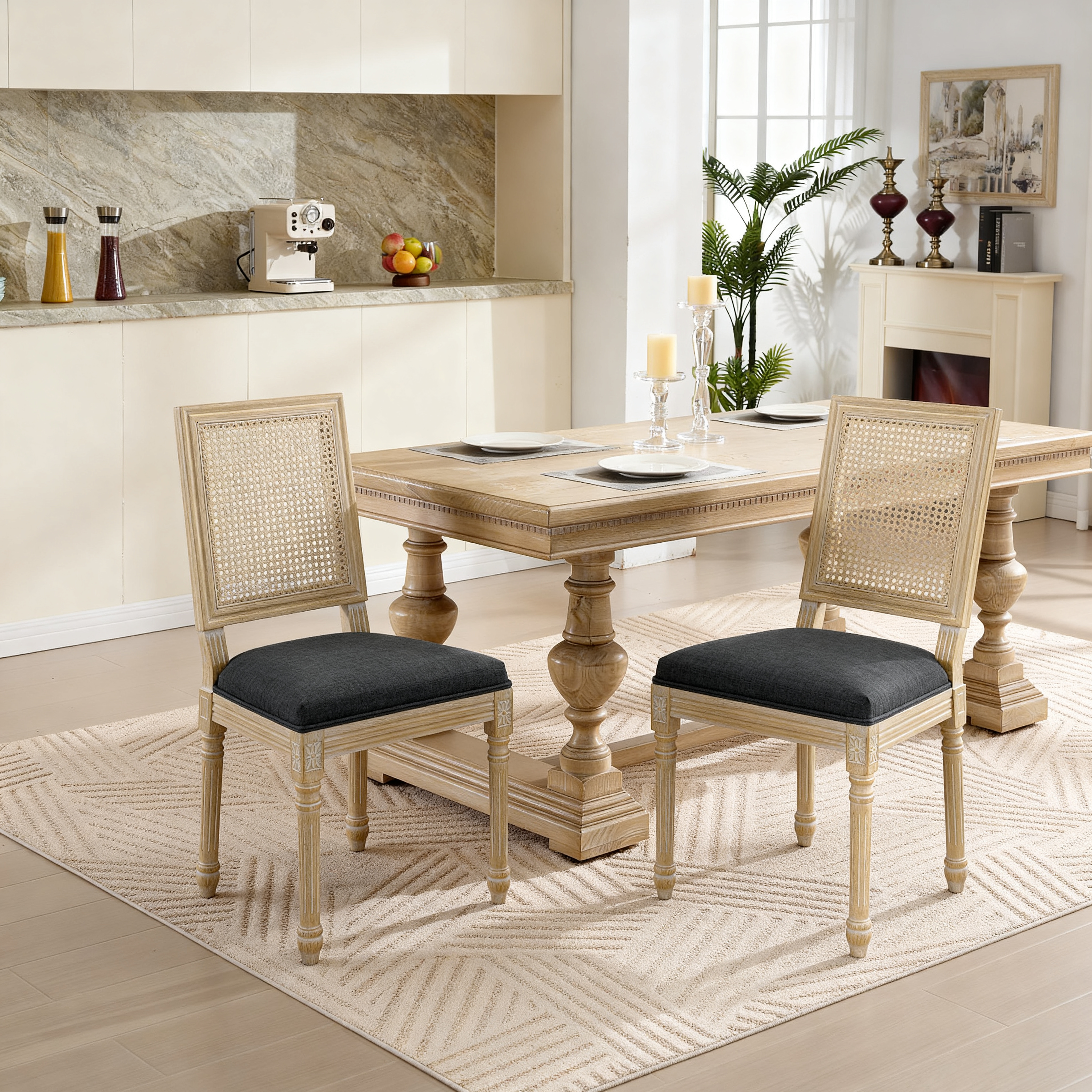 Sillas de comedor estilo campestre francés, tapizadas, respaldo de ratán, juego de 2, gris