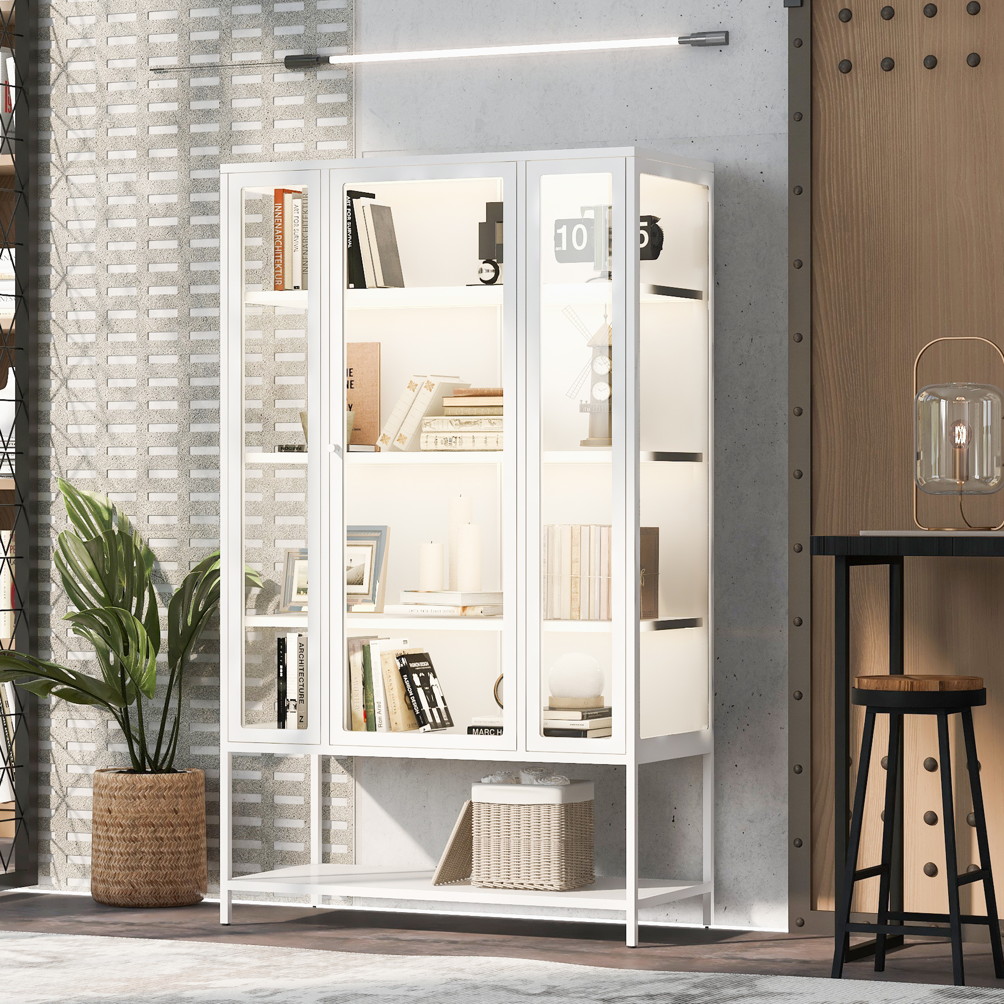 67.25  Tall Iron Display Cabinet With Glass Door And LED Lights Steel Curio Cabinet For Collectibles Figures Trophies 3-Sided Glass Display Case For Home Office Study Room Stores Playroom - White