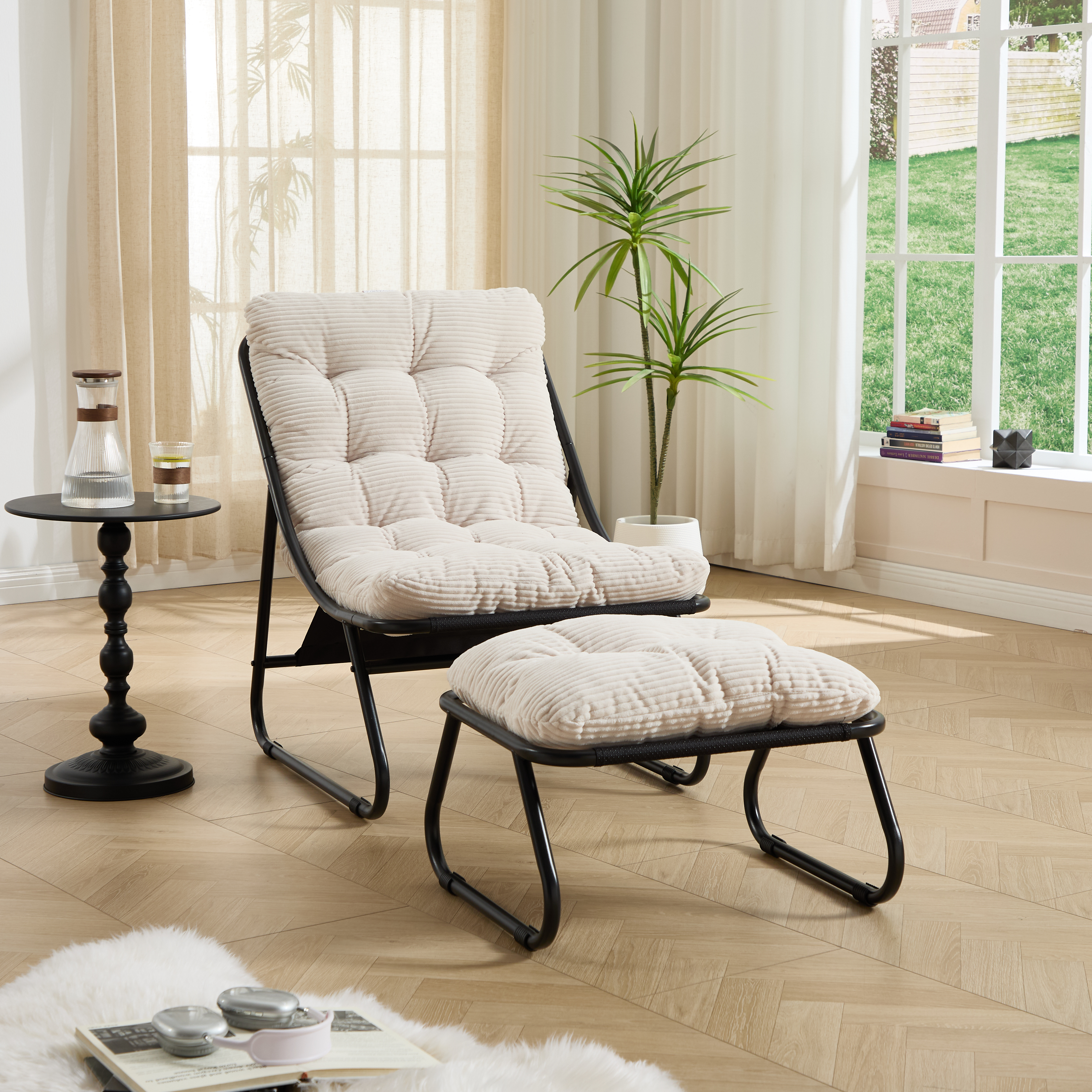 Sillón reclinable de exterior con otomana, cojín y reposapiés, estructura negra