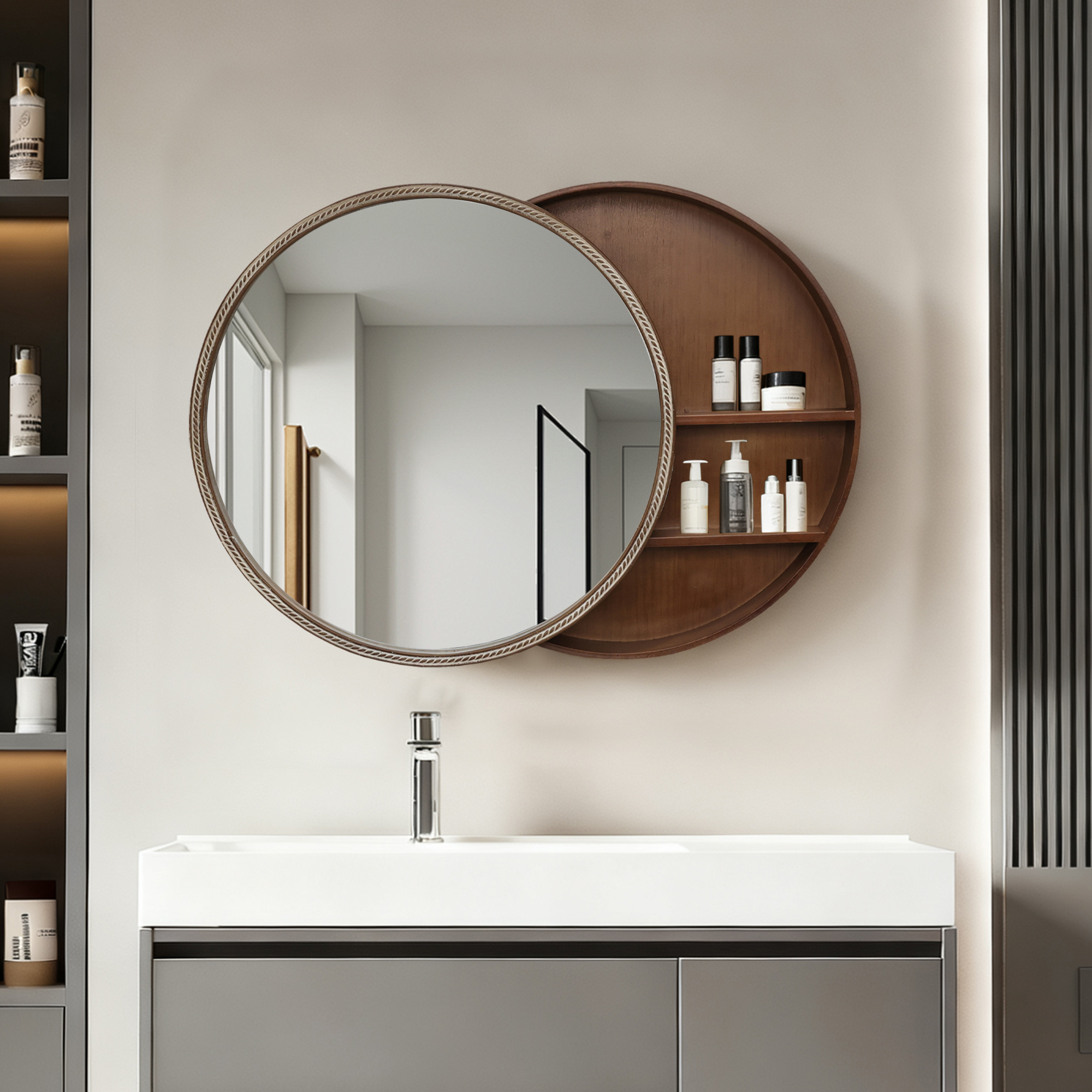 23.62 Sliding Round Wall Mirror With Storage Shelves - 2-Tier Wooden Side Cabinet, Space-Saving Hanging Mirror For Bathroom Vanity, Bedroom & Entryway