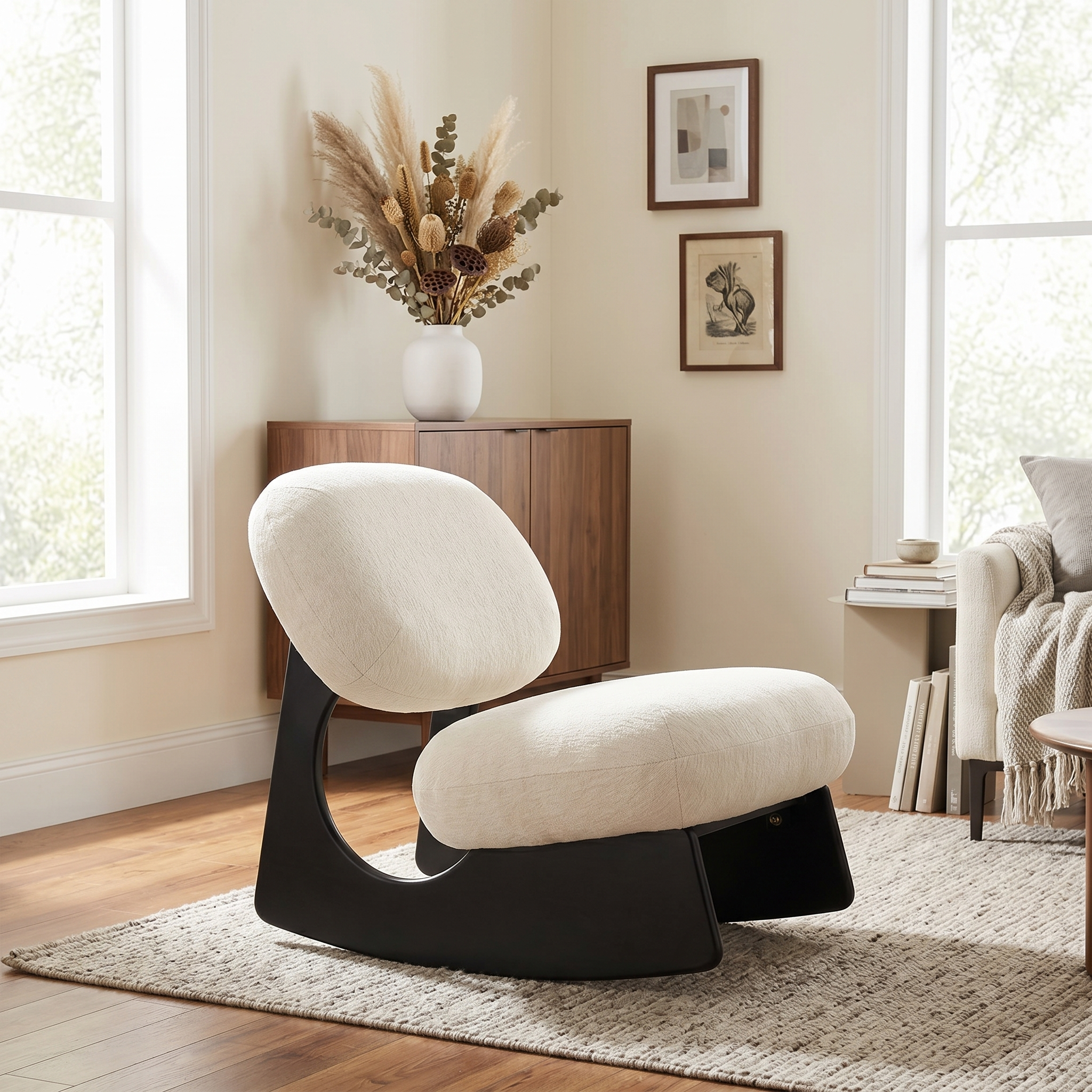 Sillón Mecedora Curvo con Base Hueca, Tapizado en Chenilla Suave, Sin Brazos