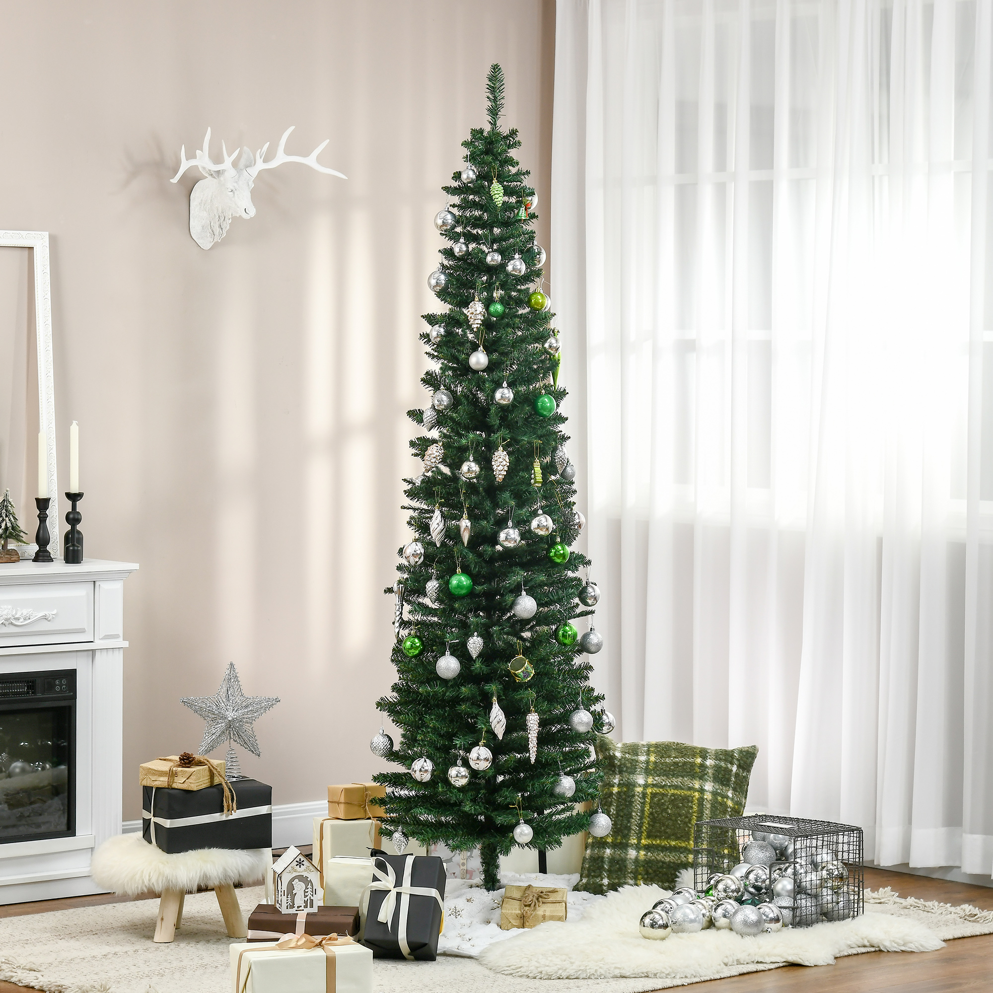 Árbol de Navidad artificial tipo lápiz de 7 pies, sin luces, verde