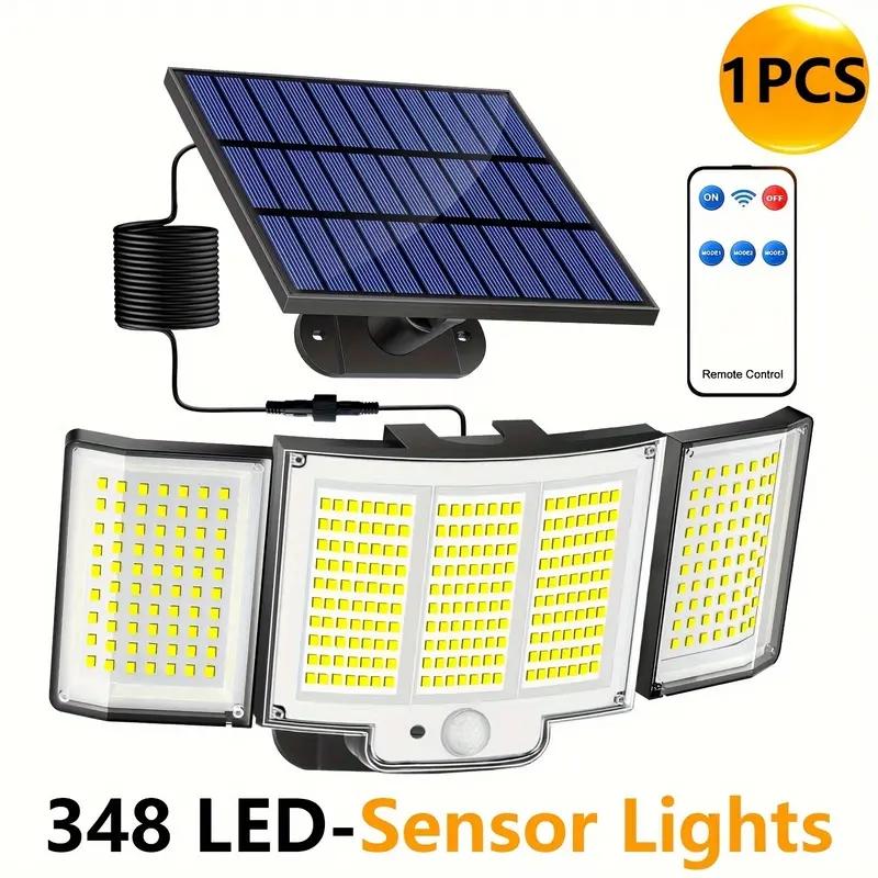 Luz solar exterior 348 LED con sensor de movimiento, control remoto y 3 cabezales