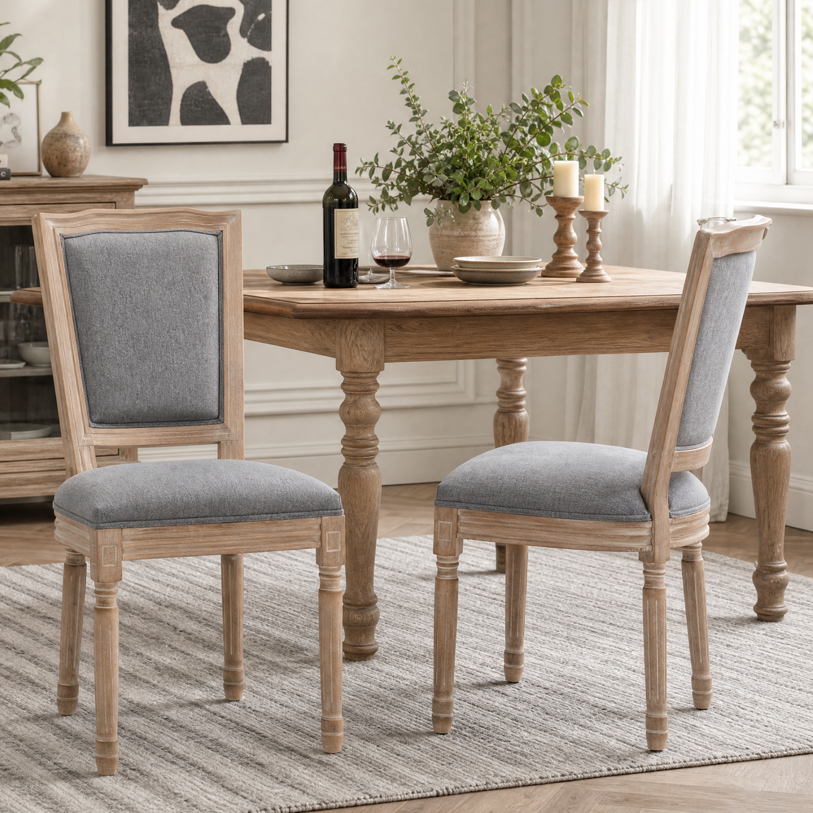 Sillas de comedor de madera maciza rústicas, asiento lino, respaldo ancho, gris, juego de 2