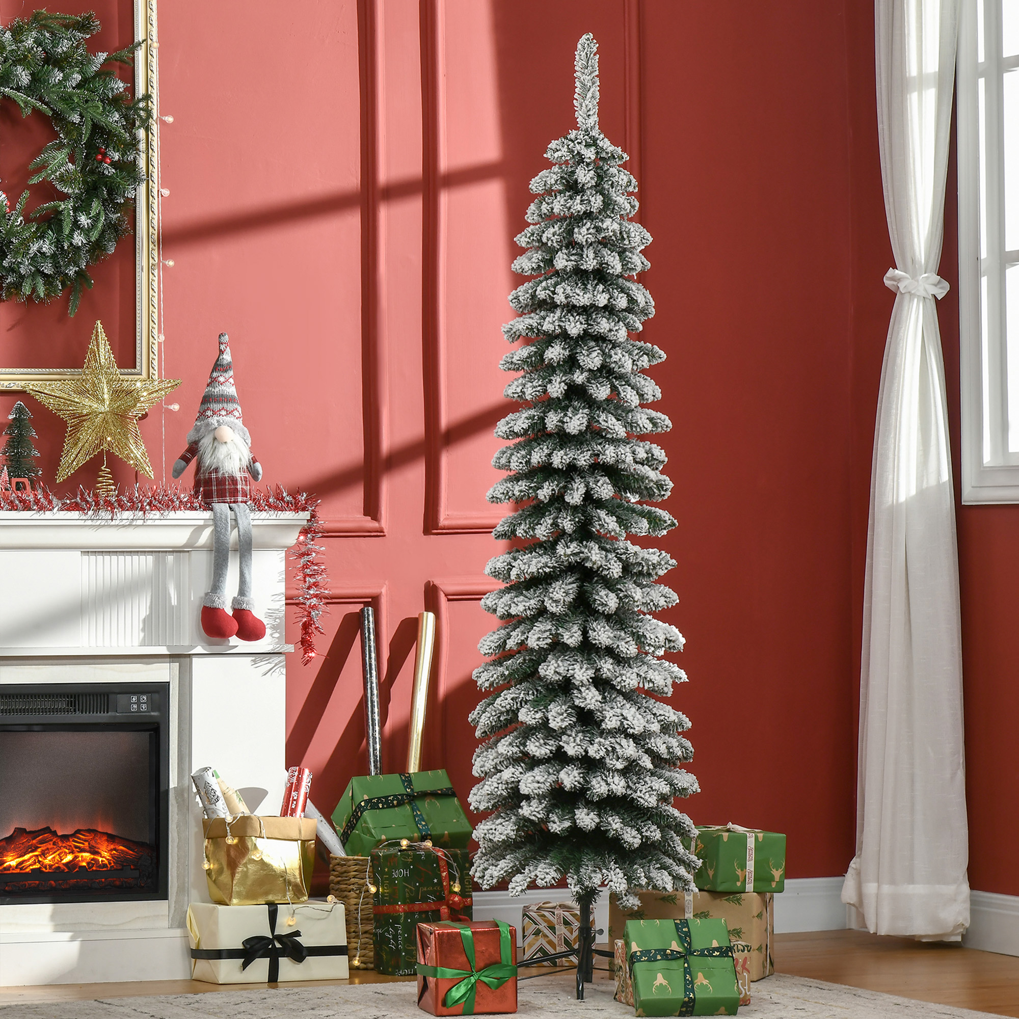Árbol de Navidad artificial delgado de 6 pies, nevado, sin luces, verde