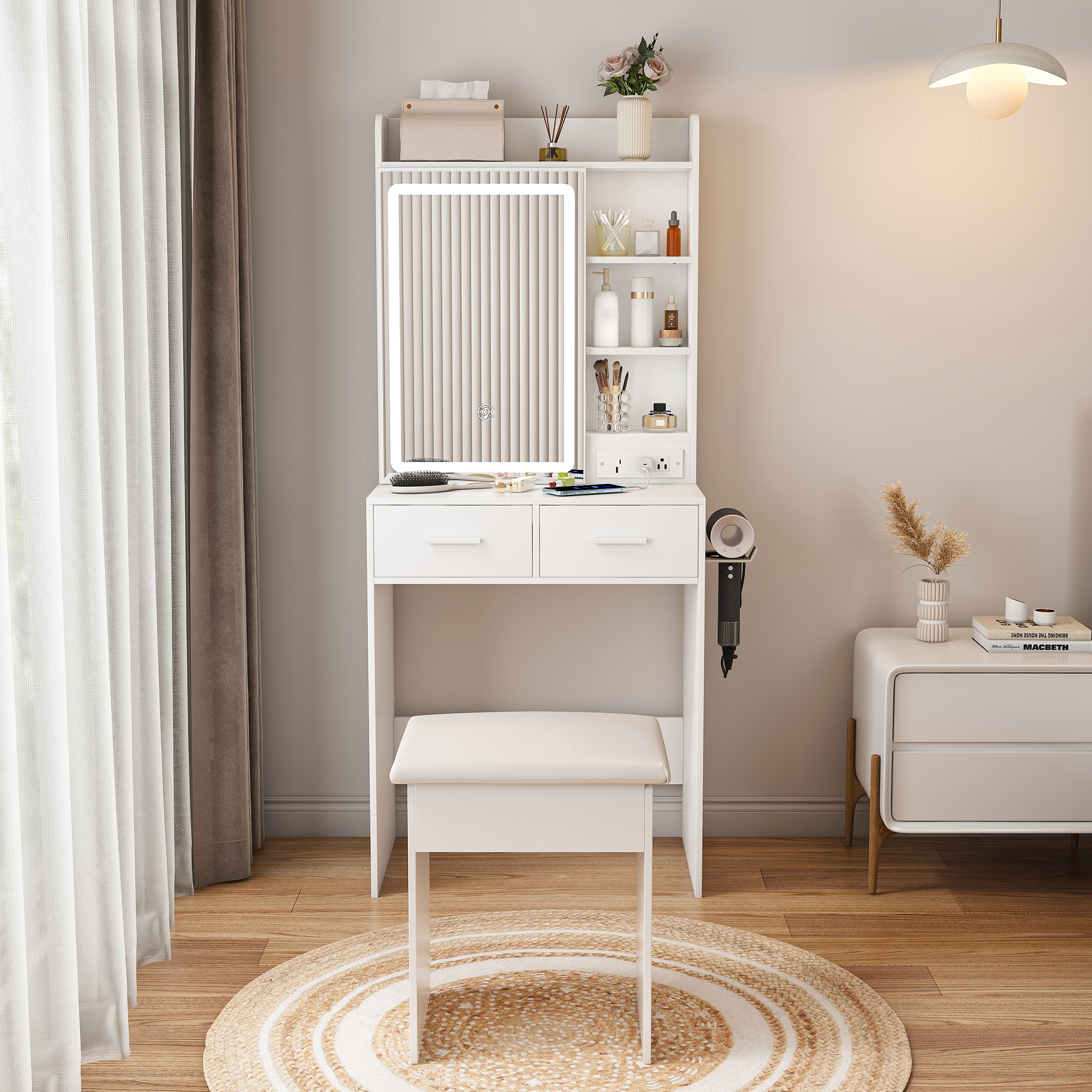 Tocador de maquillaje pequeño blanco con espejo, luces LED y toma de corriente integrada