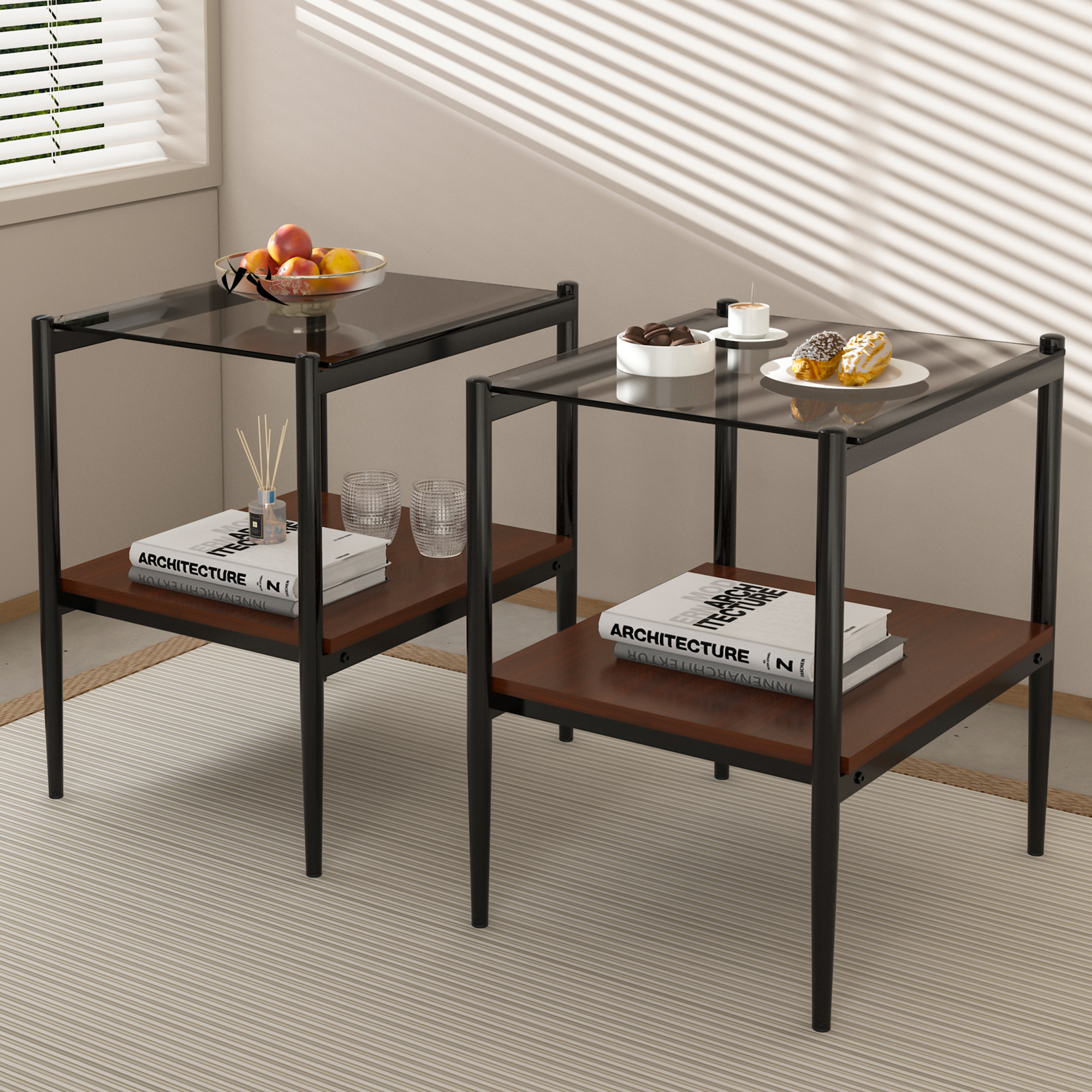 Set de 2 mesas auxiliares rectangulares, cubierta de vidrio templado y MDF, gris