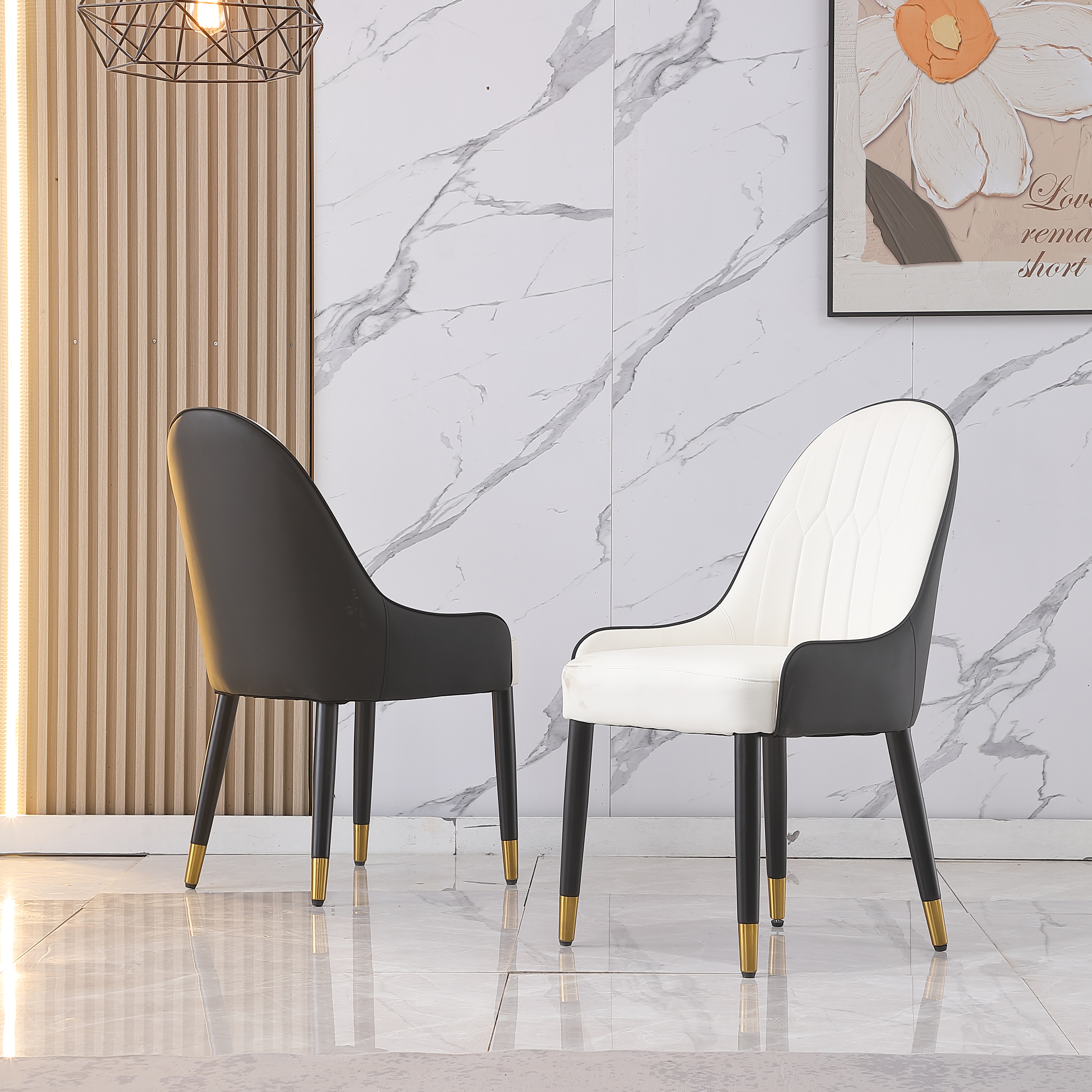 PU-Leather Chairs With  Metal Legs & Backrest, Modern Desk Chair For Living Room, Dining Room, Black  With 2 Pieces