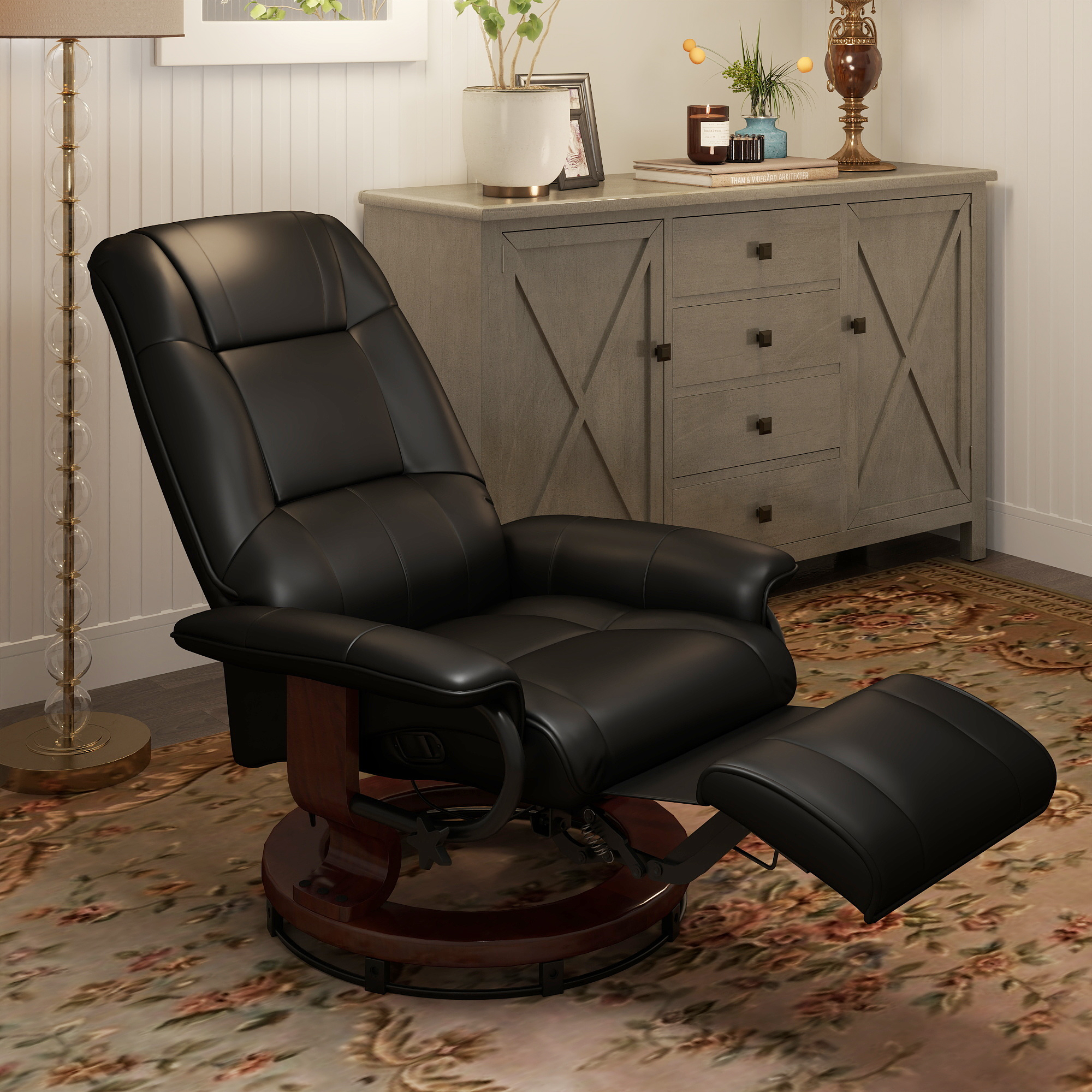 Faux  Leather lounge chair with footrest and armrest, Manual Swivel Recliner for living room, Black