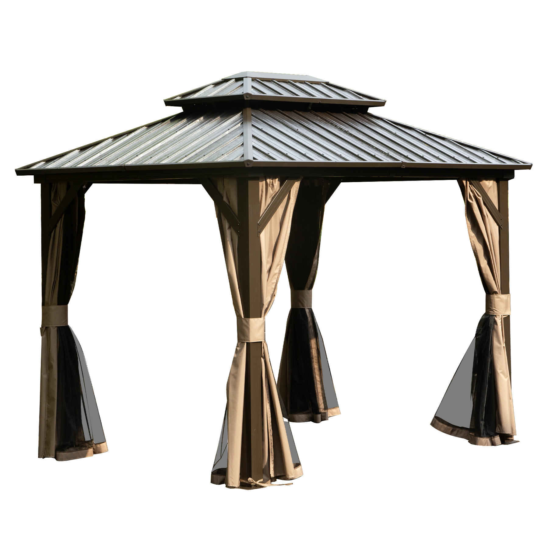 8  X 10  Hardtop Gazebo Permanent Metal Gazebo With Galvanized Steel Double Roof, Curtains And Netting For Party, Wedding, Outdoor Dining, Patio, Backyard, Brown