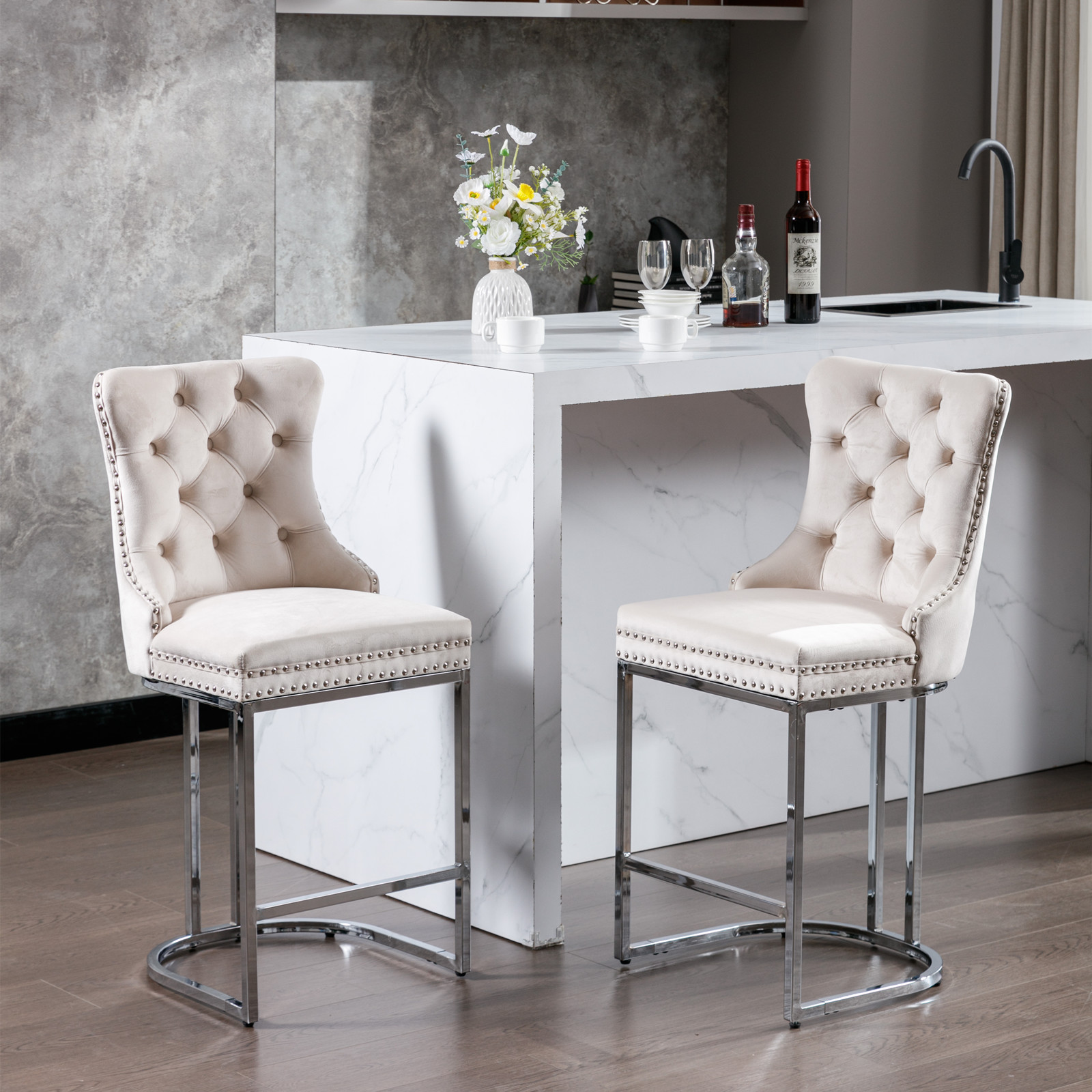 26 Counter Height Bar Stools Set Of 2, Modern Velvet Barstools With Button Back&Rivet Trim Upholstered Kitchen Island Chairs With Sturdy Chromed Metal Base Legs Farmhouse Bar Stools, Beige,2 Pack