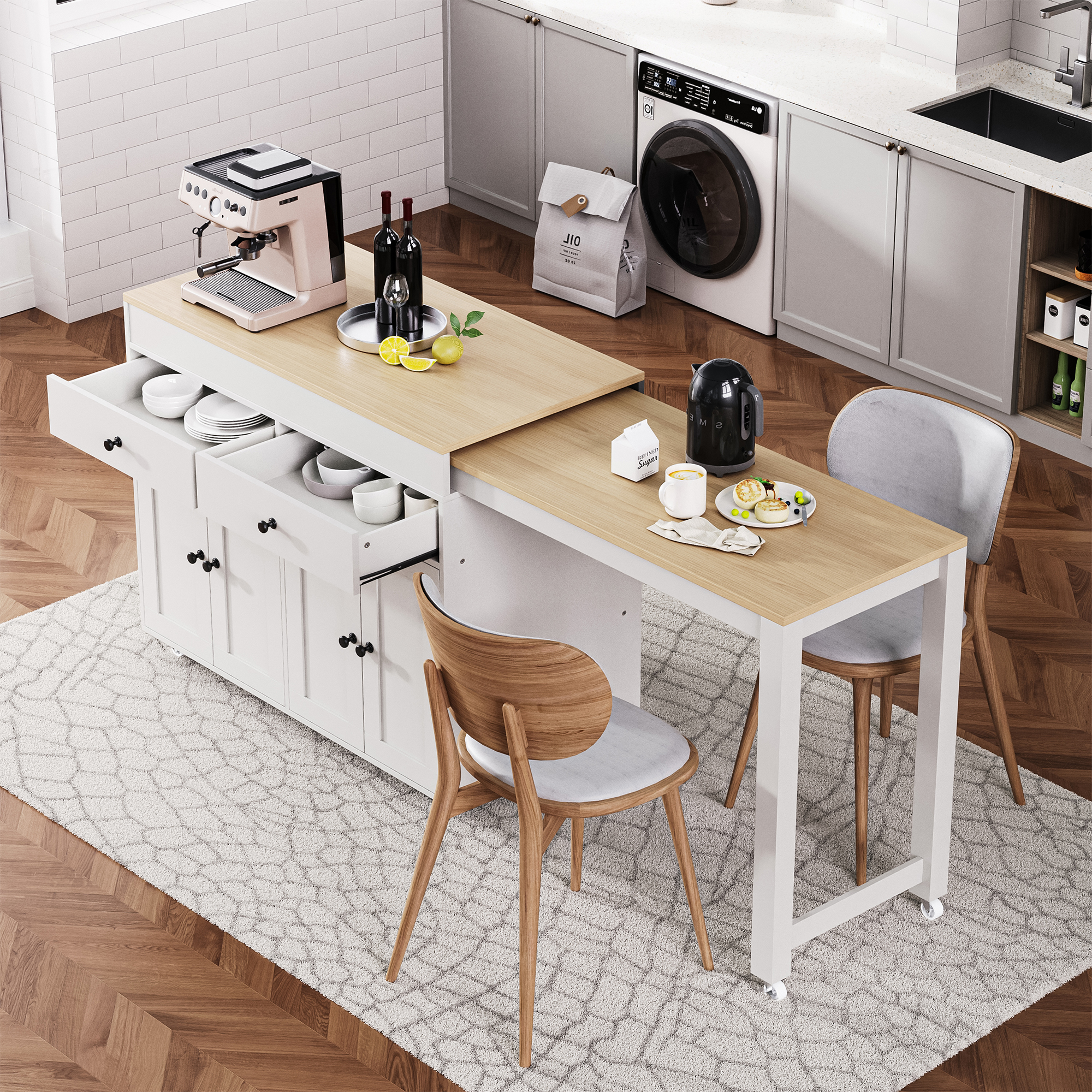 Isla de cocina K&K de 74.5 pulgadas con mesa extensible, ruedas, especiero, 2 cajones, blanco
