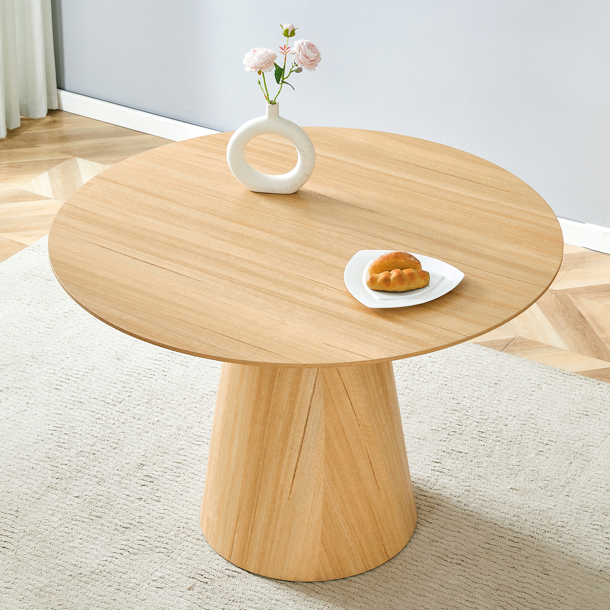 Mesa de comedor circular de MDF minimalista moderna con textura de madera