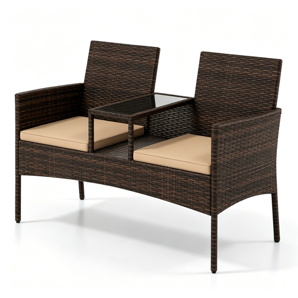 Set de sofá de dos plazas de mimbre PE para exterior con mesa de vidrio templado