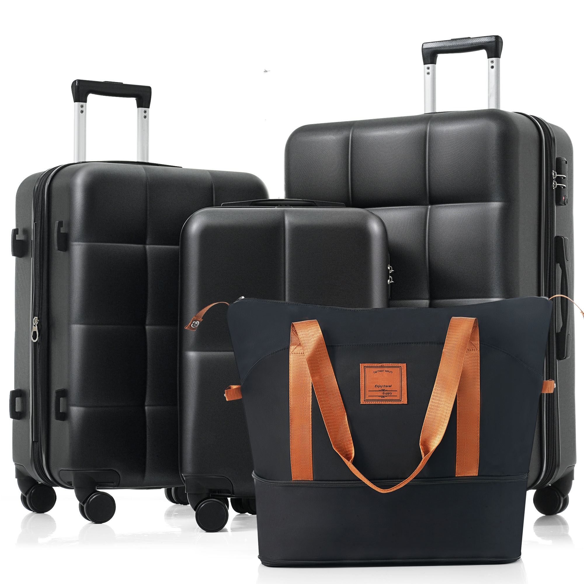 Luggage Sets 4 Piece,  ABS Durable Suitcase With Travel Bag,  Cup Holder, ABS Hard Shell Luggage With Spinner Wheels, Black And Brown
