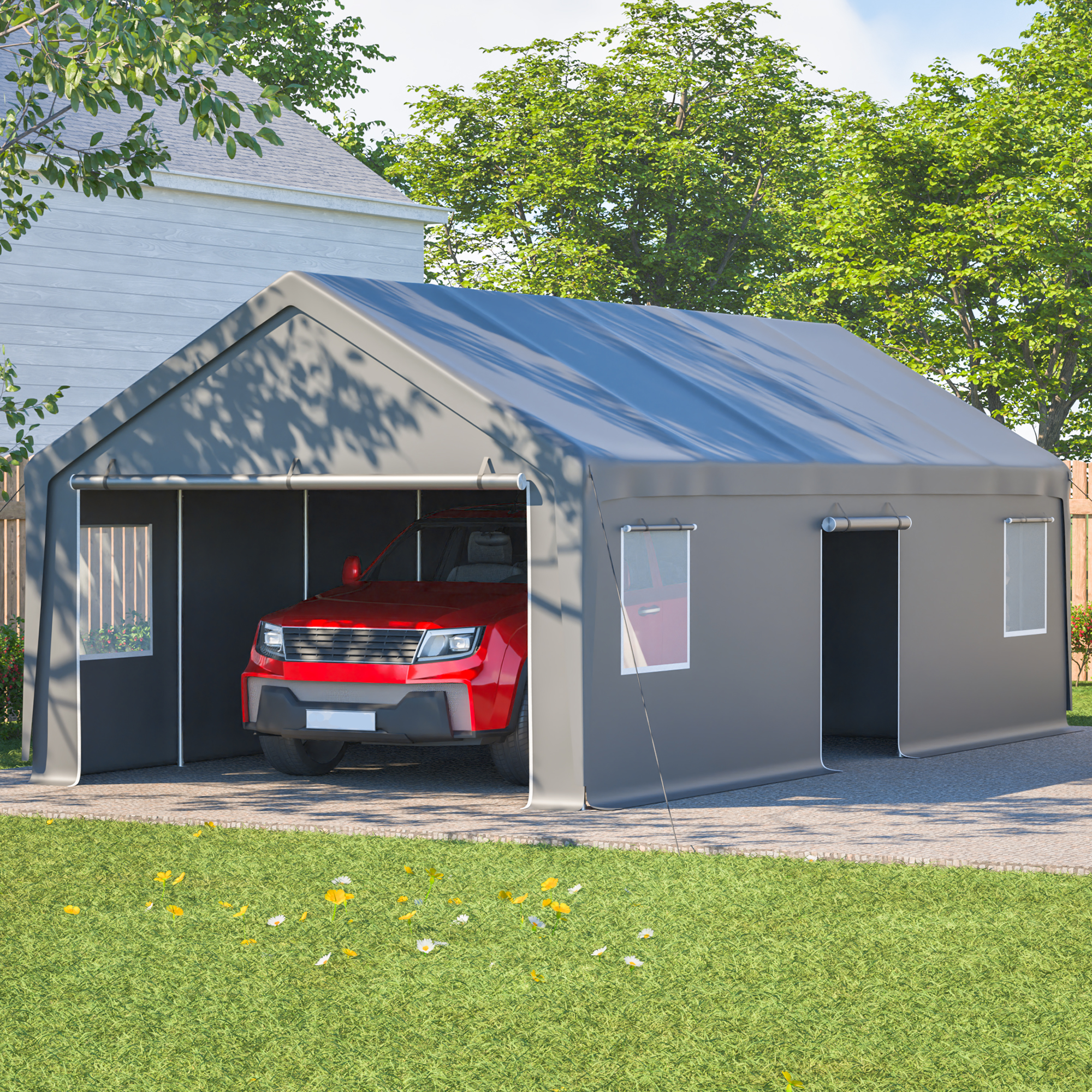 13x26 FT Heavy Duty Carport Canopy With 2 Roll-Up Doors   1 Side Door, Removable End Walls & Windows, All-Weather Portable Garage Shelter For Car, Truck, Boat, Vehicle