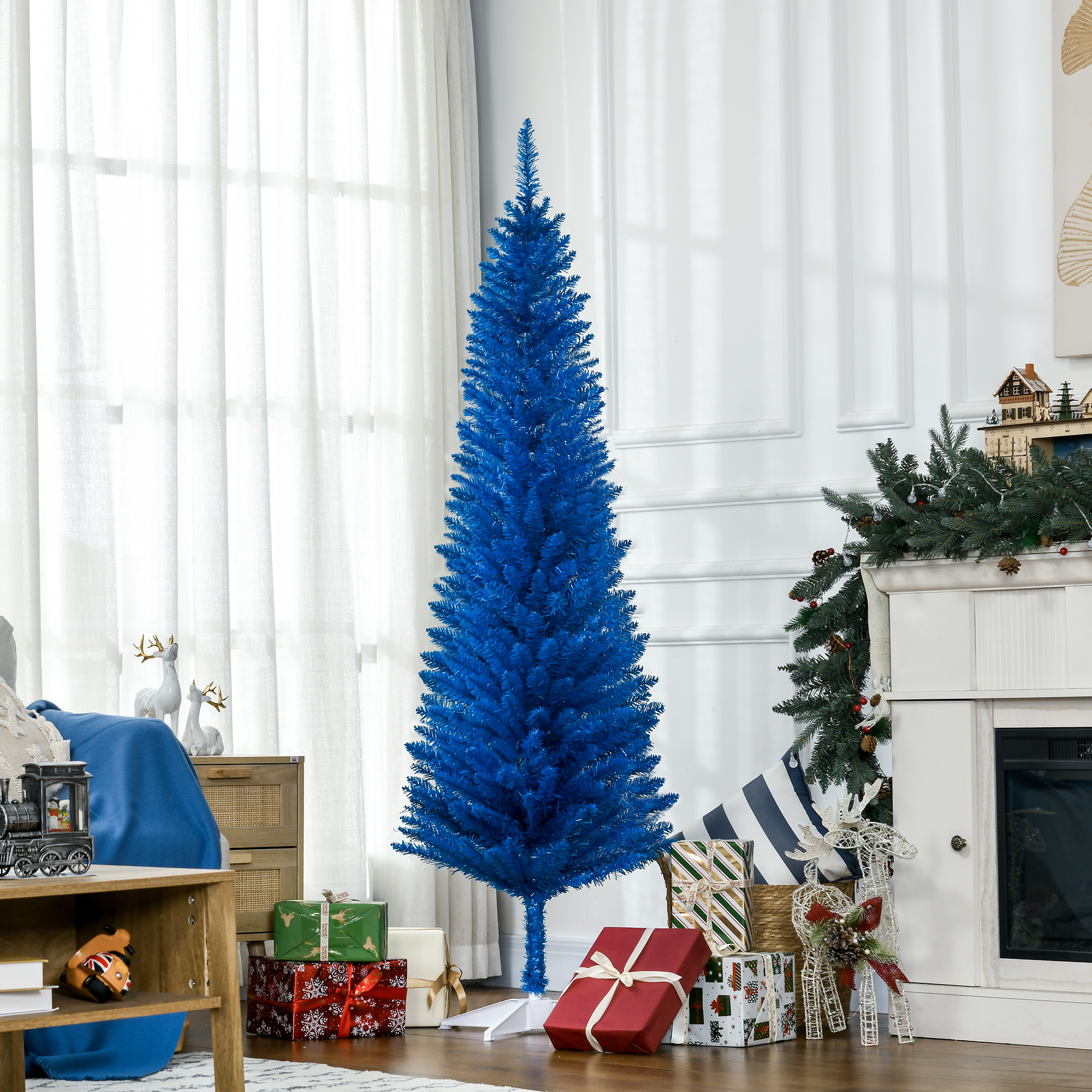 Árbol de Navidad artificial tipo lápiz decorado de 6 pies, 390 puntas, azul
