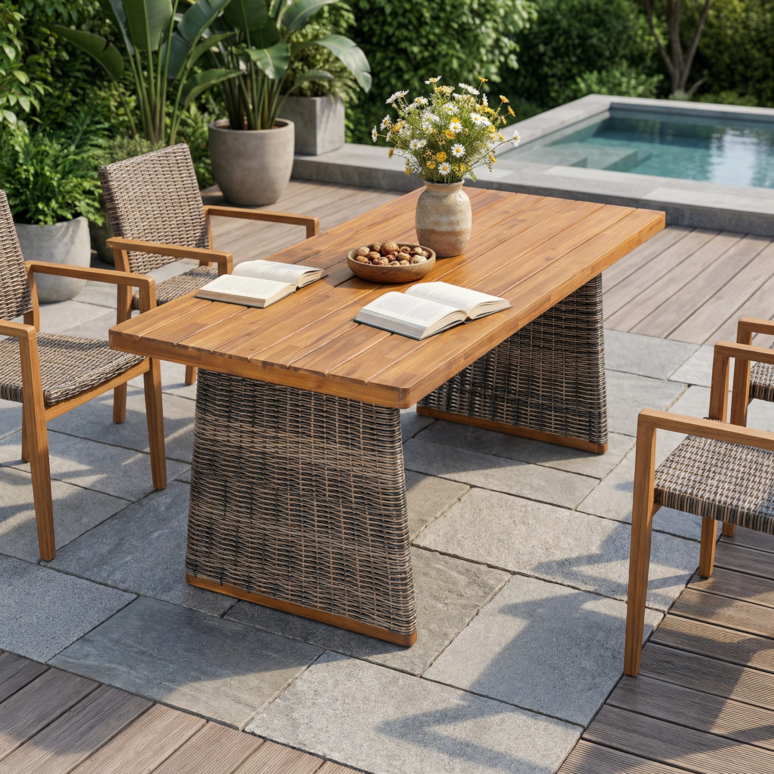 Outdoor Acacia Wood Dining Table,Teak Finish  Grey Wicker
