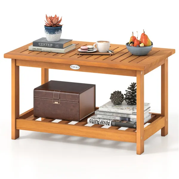 Mesa de centro exterior resistente de listones con estante inferior, multiusos
