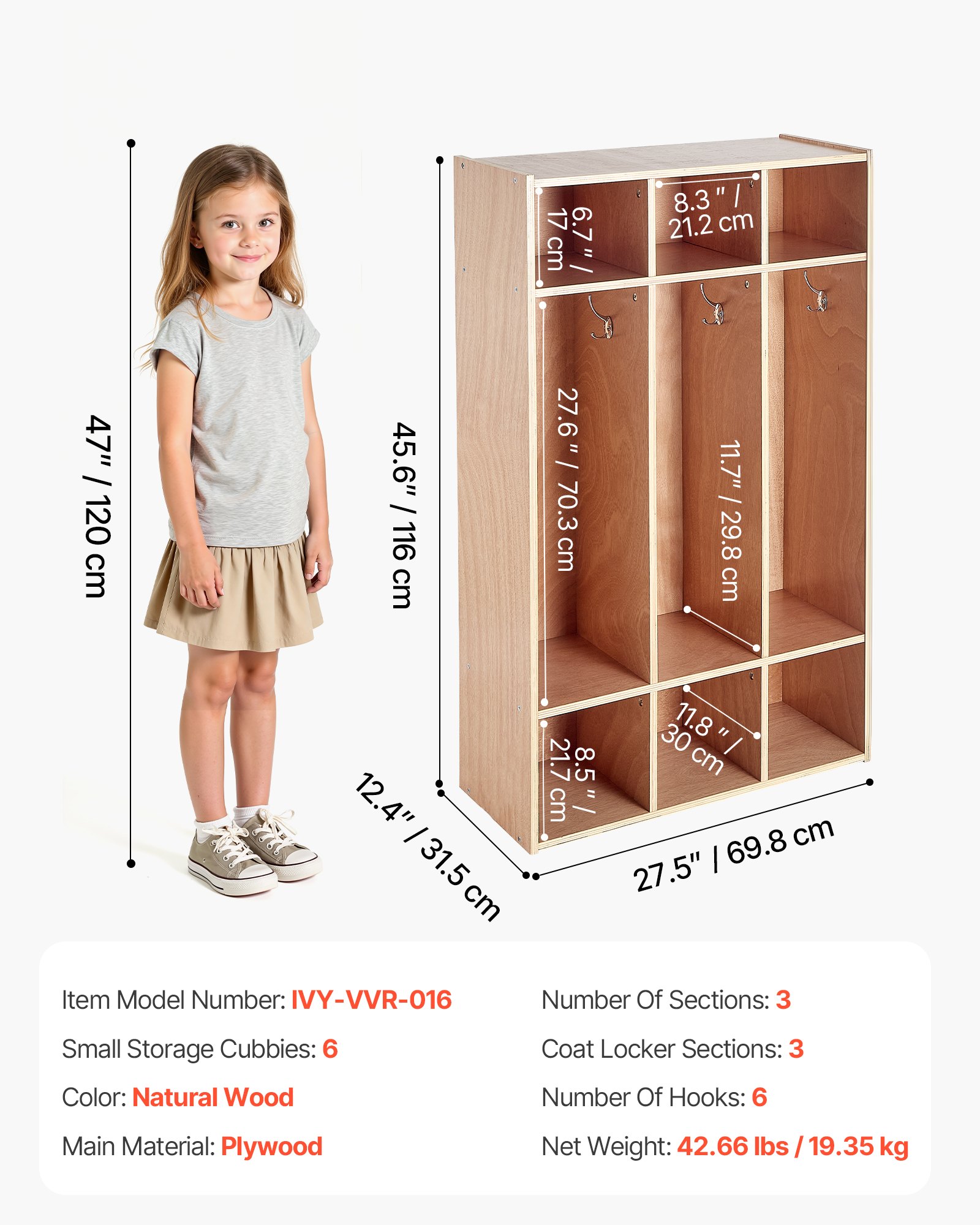 Armario infantil de 3 secciones, madera, 6 ganchos, 6 cajas de almacenamiento.