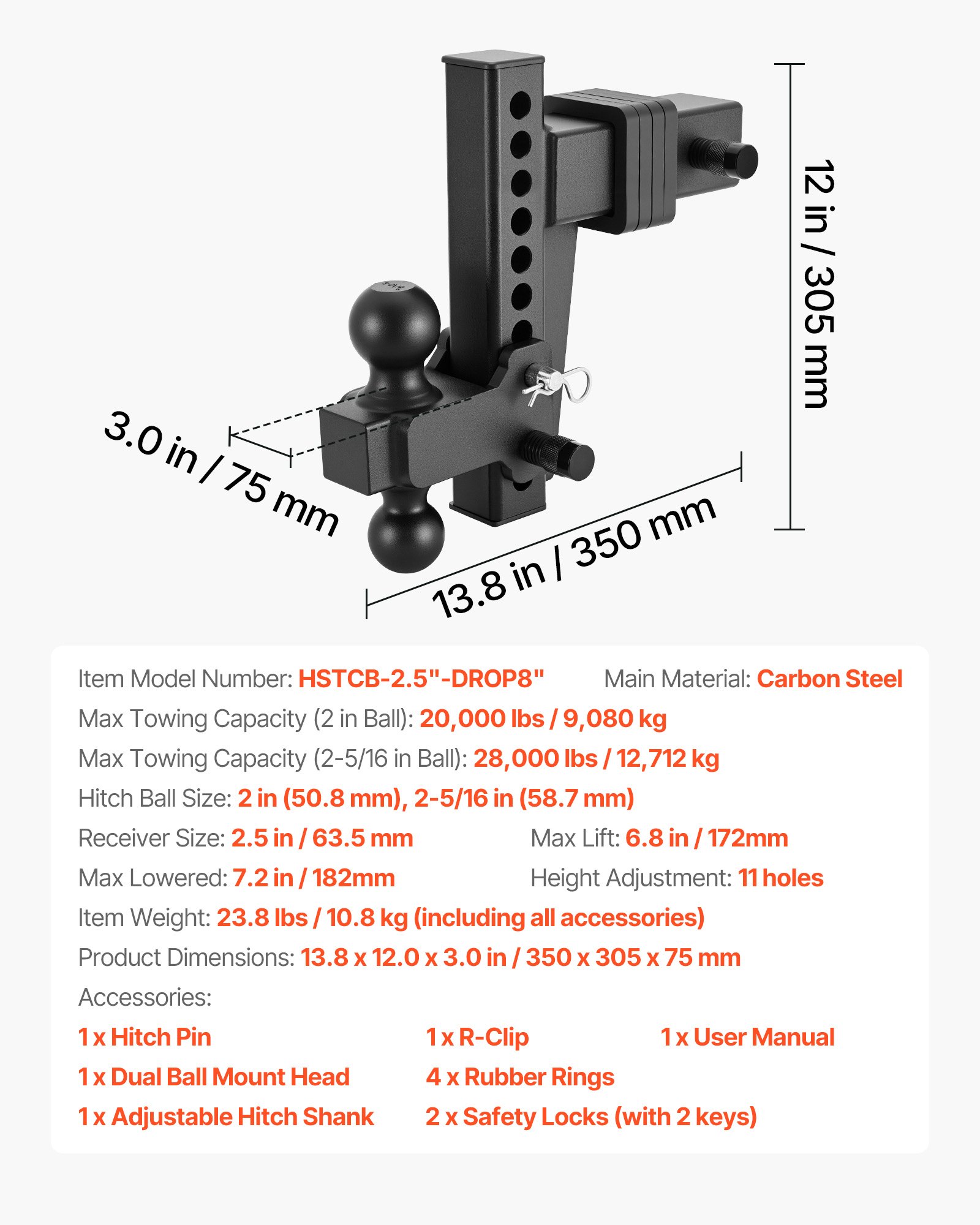 Enganche de remolque ajustable, 2.5 pulgadas, bolas de 2 y 2-5/16 pulgadas, 28000 libras