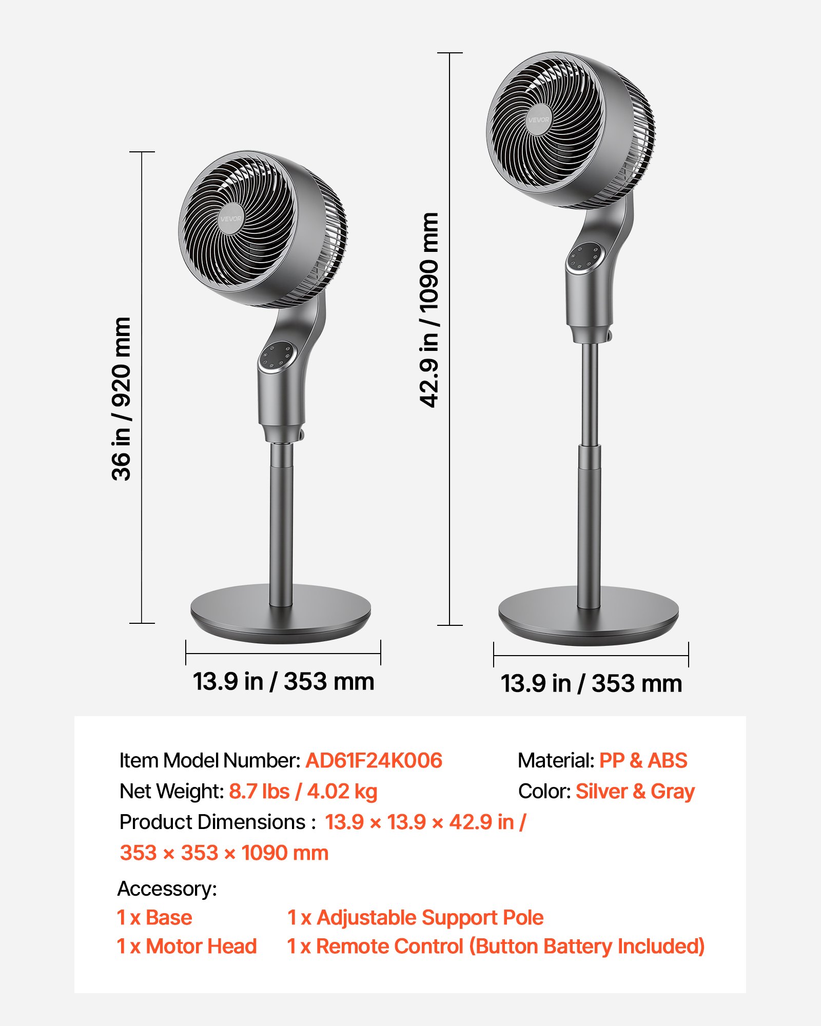 Ventilador de pedestal 9 pulgadas, 80° oscilante, motor DC, control remoto, 9 velocidades