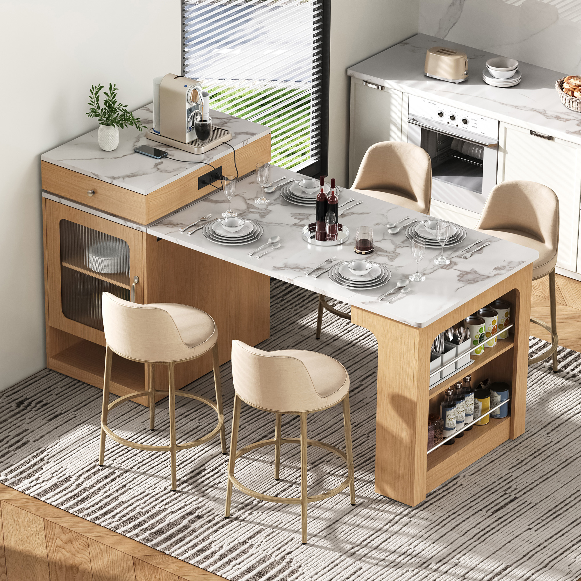 Isla de cocina de 59.5 pulgadas con mesa extensible, 2 cajones y toma de corriente, natural
