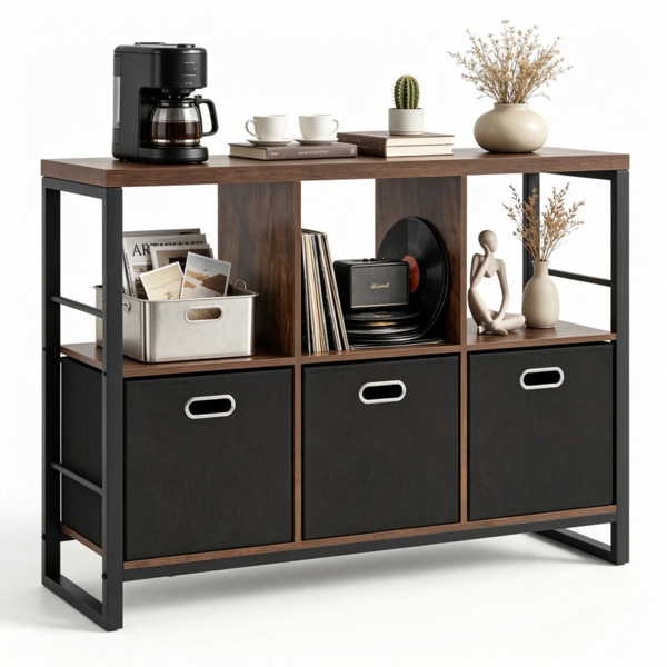 Industrial & Rustic Storage Cabinet, 3 Open Shelves & 3 Foldable Fabric Drawers Console Table, Heavy-Duty Metal Frame Horizontal Bookcase For Entryway Bedroom Home Office
