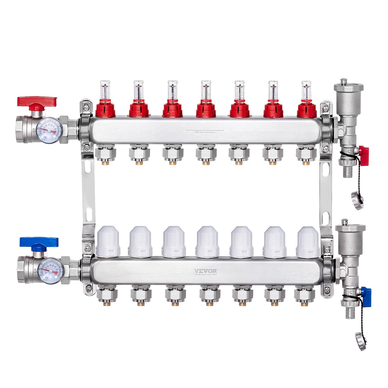 7-Branch Radiant Heat Manifold, 1/2" PEX Tubing Manifold, Stainless Steel PEX Manifold For Hydronic Radiant Floor Heating, Radiant Heat PEX Manifold Kit With 1/2" Adapters Included