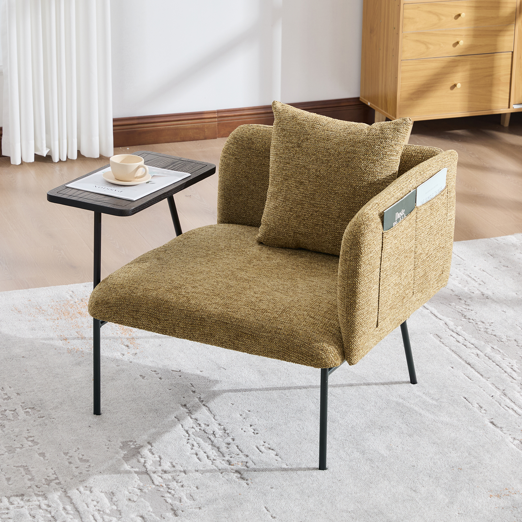 Leisure Chair, Lounge Relaxing Chair With Small Table And Back Pillow, Modern Upholstered Chairs With Metal Legs And Side Pockets , Single Sofa For Living Room Bedroom Garden