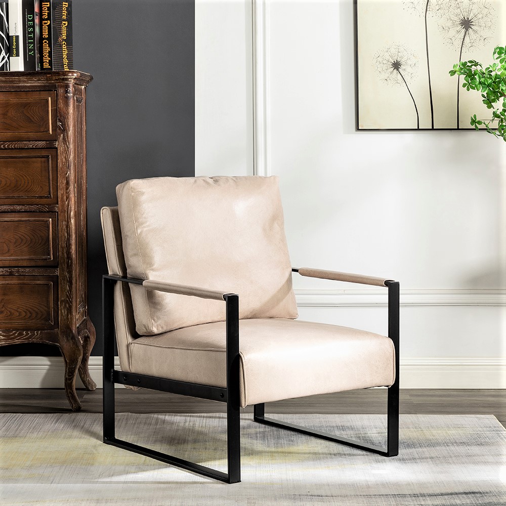 Sillón decorativo moderno de mediados de siglo, marco de metal, tapiz microfibra