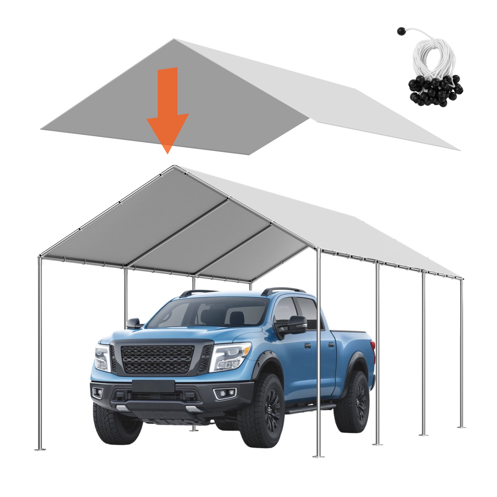 Carport Replacement Canopy, 10 X 20 Ft Potable Garage Tent Top Tarp, UV-Resistant & Waterproof Car Shelter Tarp, Heavy Duty Car Port Cover With Ball Buggees, Grey, Frame Not Included