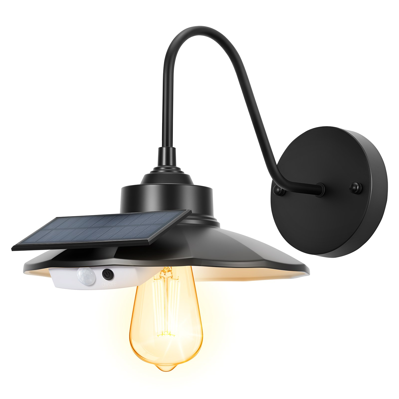 Lámpara solar de exterior tipo granero, 3 modos, sensor de movimiento, E26, negra.