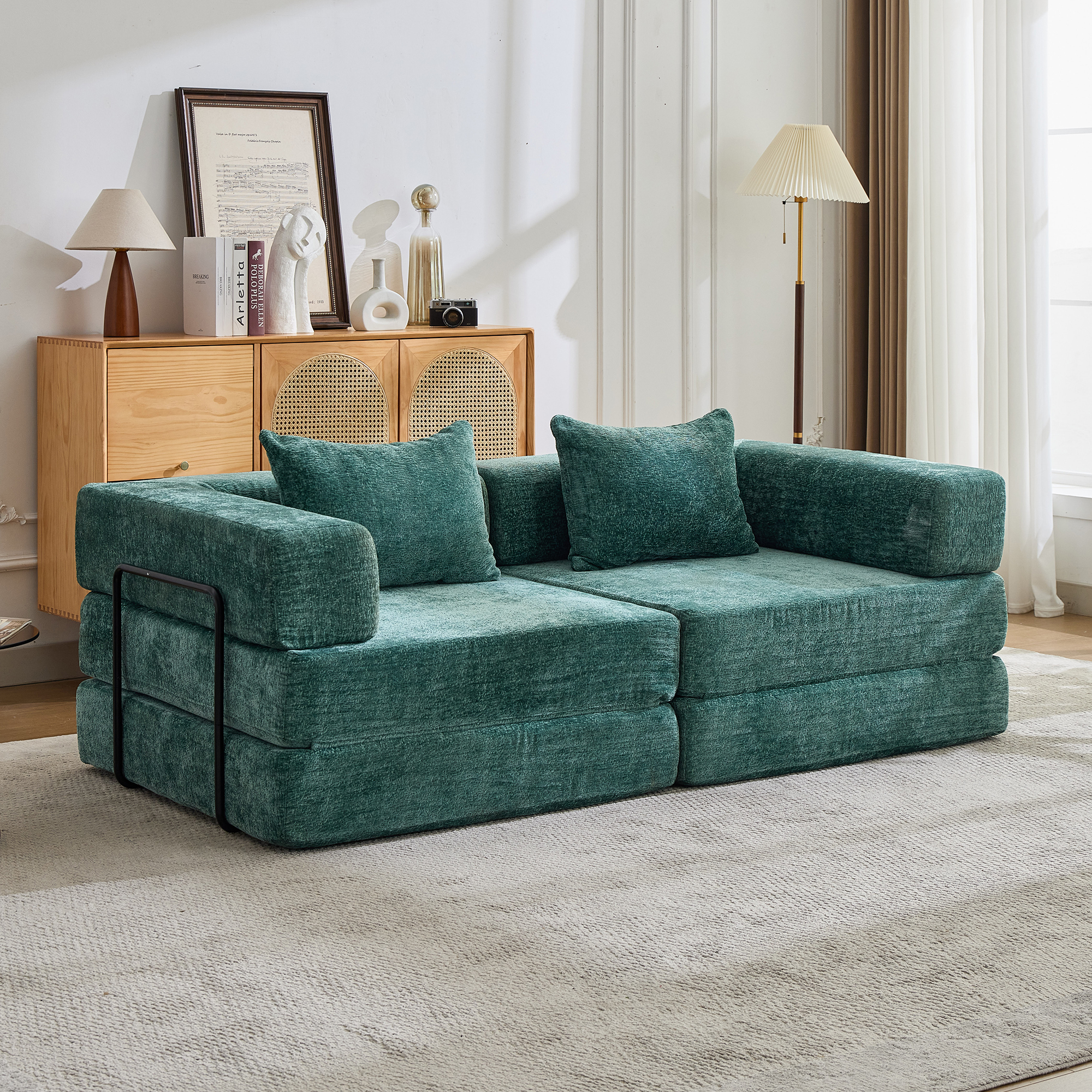 Sofá cama de suelo modular de compresión, chenilla, verde oscuro, sin ensamblaje.