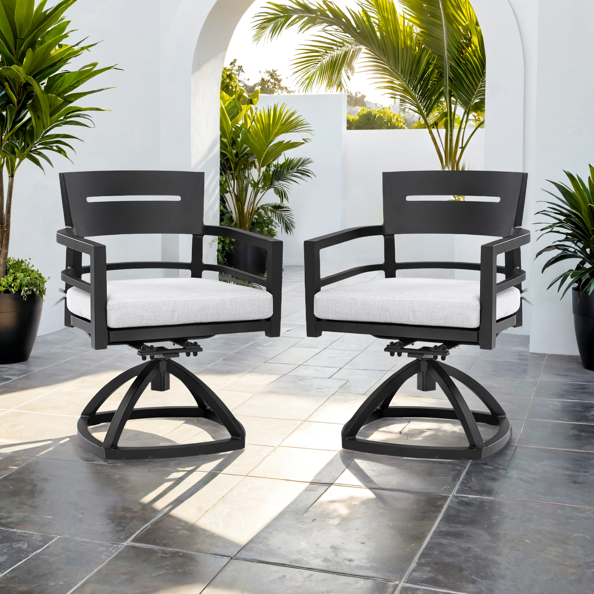 Silla mecedora giratoria de aluminio (2 pzas), cojines Sunbrella, negro carbón
