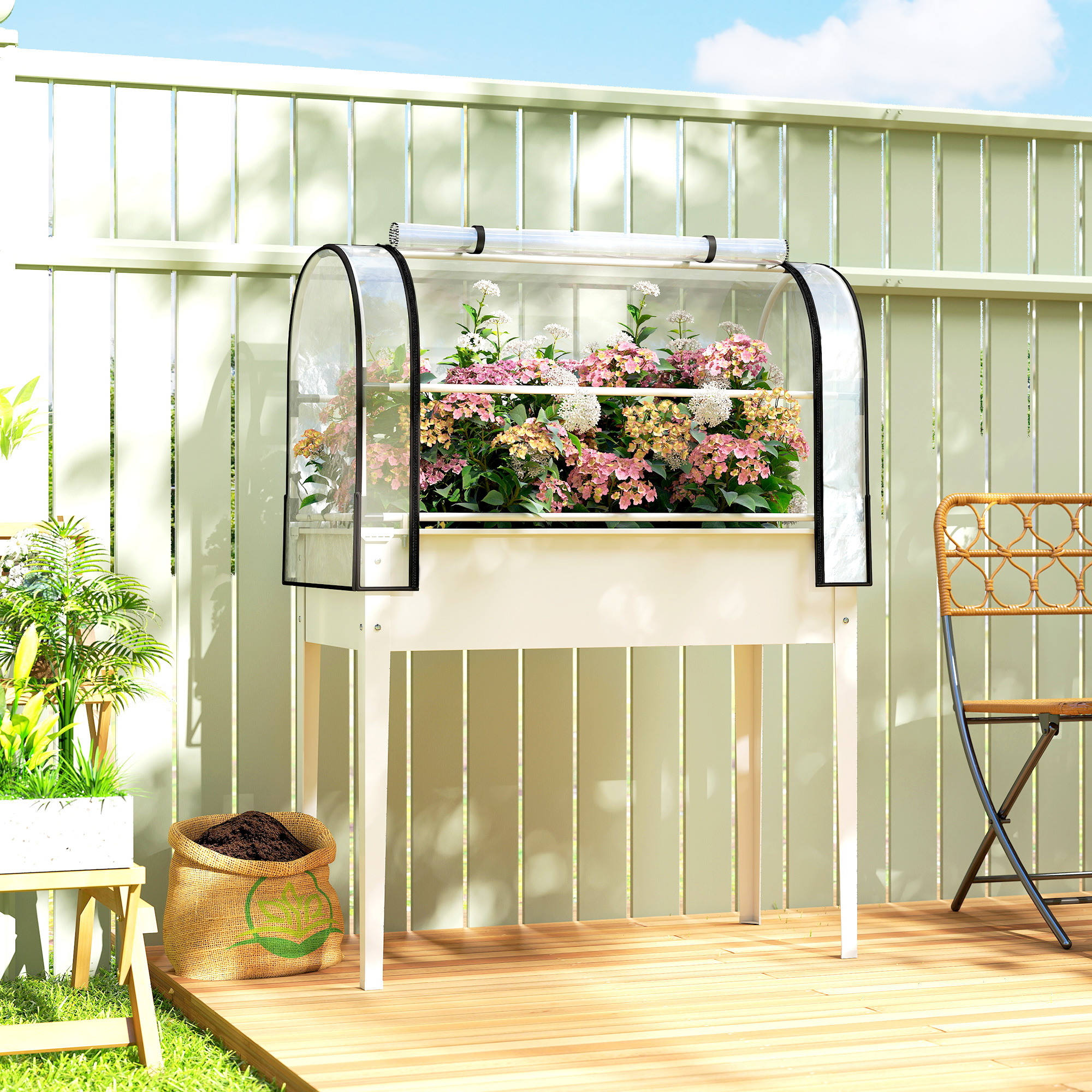 Raised Garden Bed with Flip-Up Greenhouse Cover, Metal Elevated Garden Bed with Legs and Drainage Hole, White