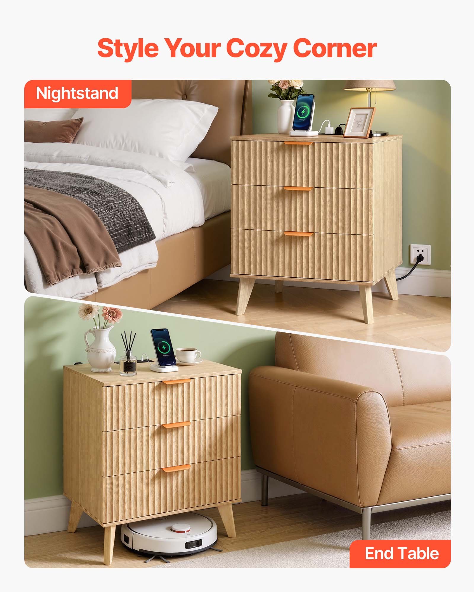 Fluted Nightstand With Charging Station, With 3 Drawers, Dresser For Bedroom, Mid Century Modern End Table, Bedside Storage Cabinet Side Table Chest Of Dresser, For Bedroom, Living Room, Khaki