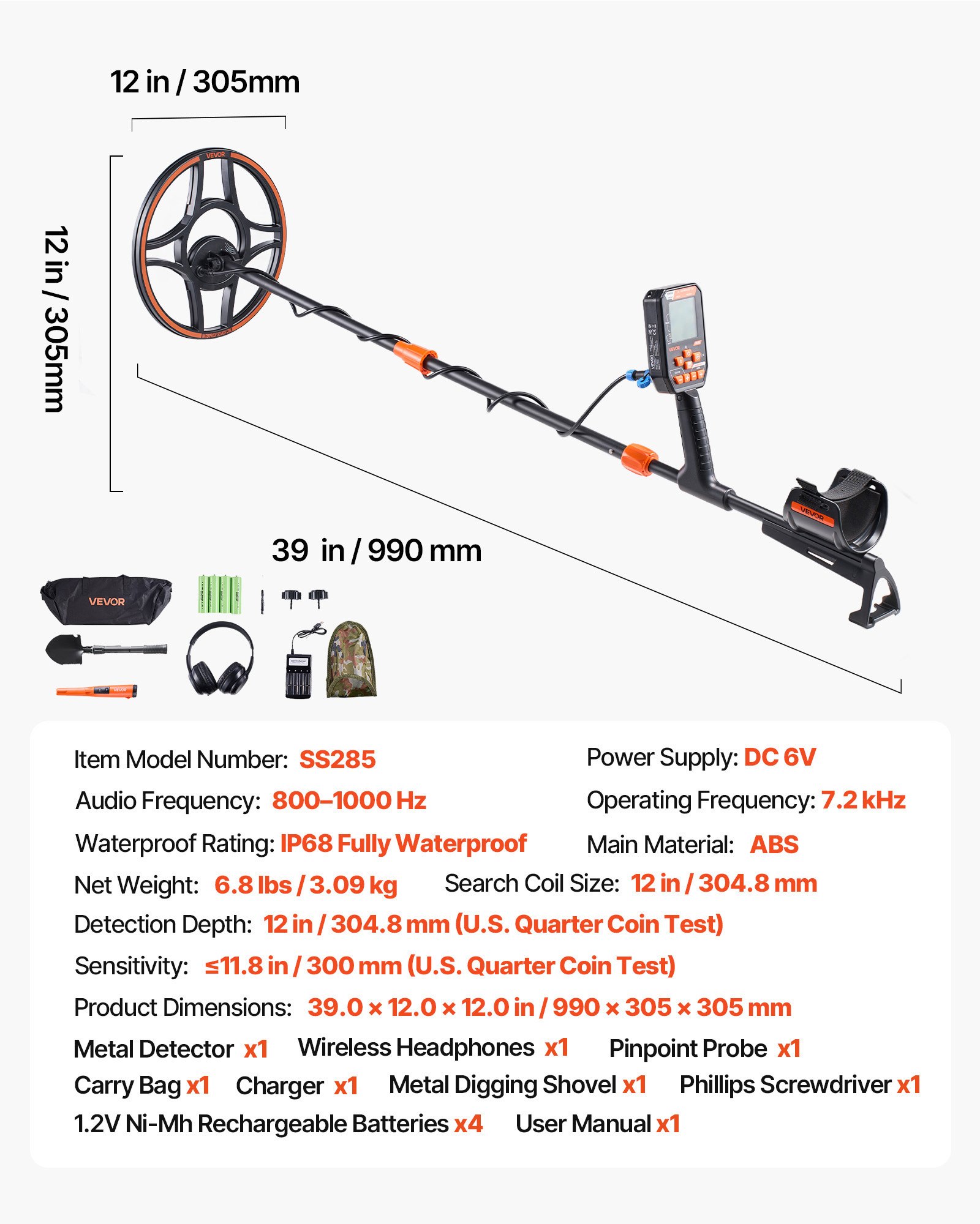 Waterproof Metal Detector, 12", Professional High Accuracy Gold Detector For Adults, With Display, Wireless Headphones, 7 Modes, Adjustable Length, For Detecting Gold Treasure Hunting, IP68