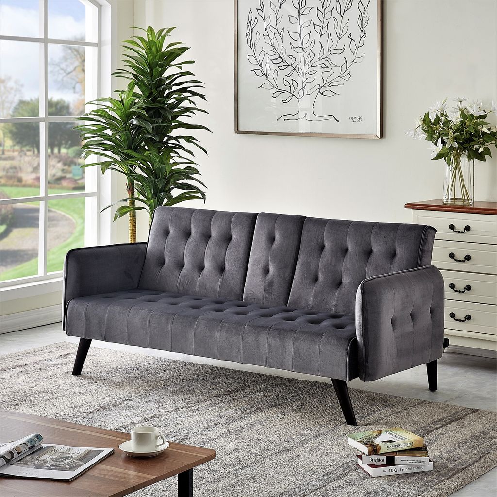 72   Velvet Convertible Sofa Bed With Cup Holders, Tufted Folding Futon Sleeper Couch, Mid-Century Modern 3 Seater For Small Spaces, 72   L X 34.6   D X 31   H, Dark Grey