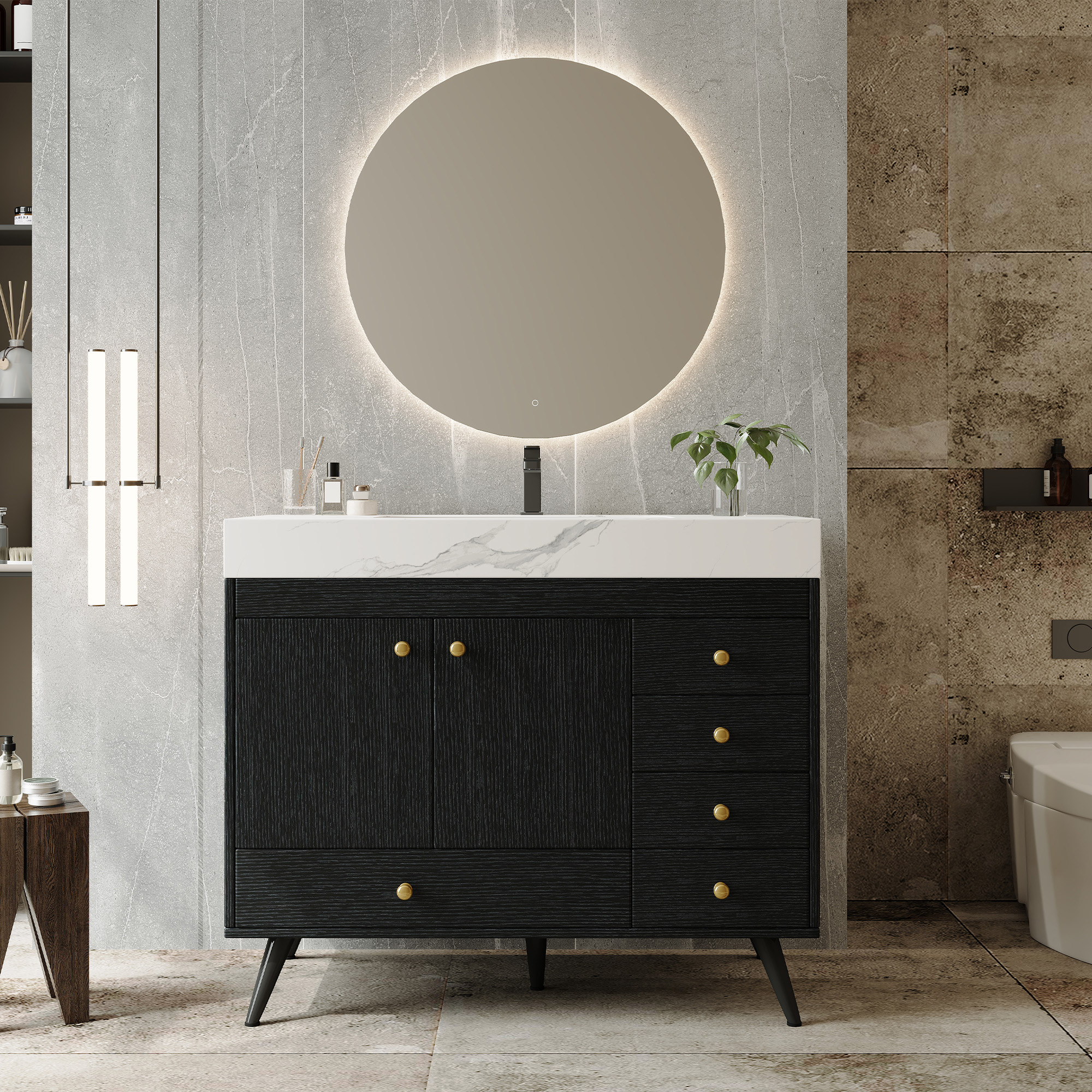 36  Freestanding Bathroom Vanity With Faux Marble Top, Ceramic Sink, 5 Drawers & Stainless Steel Legs