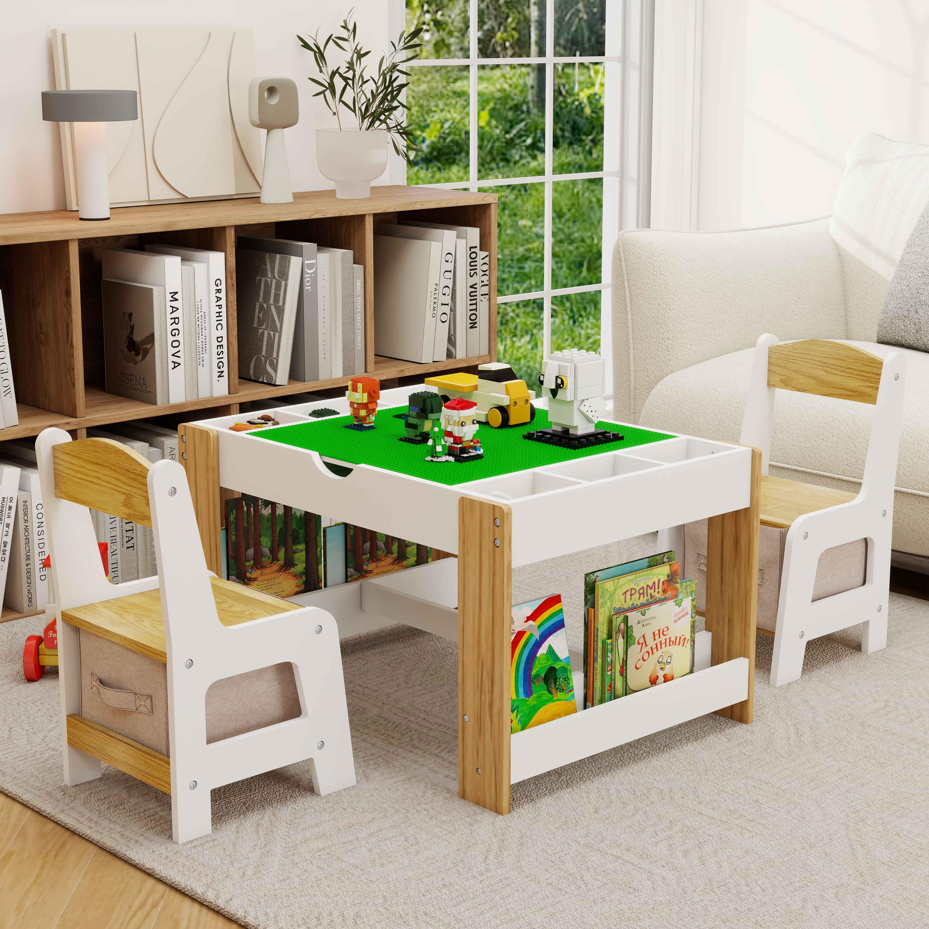 Set de mesa de juego 2 en 1 para niños con 2 sillas y 7 compartimentos, blanco