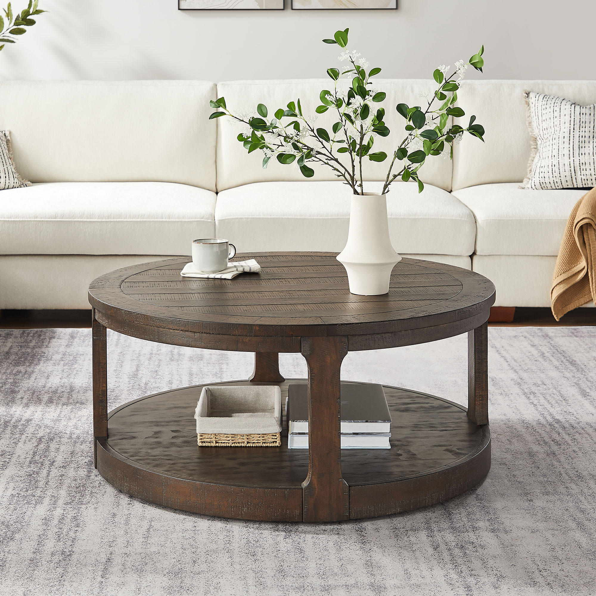 Mesa de centro redonda de madera de 40 pulgadas, 2 niveles, estilo rústico, con ruedas, marrón