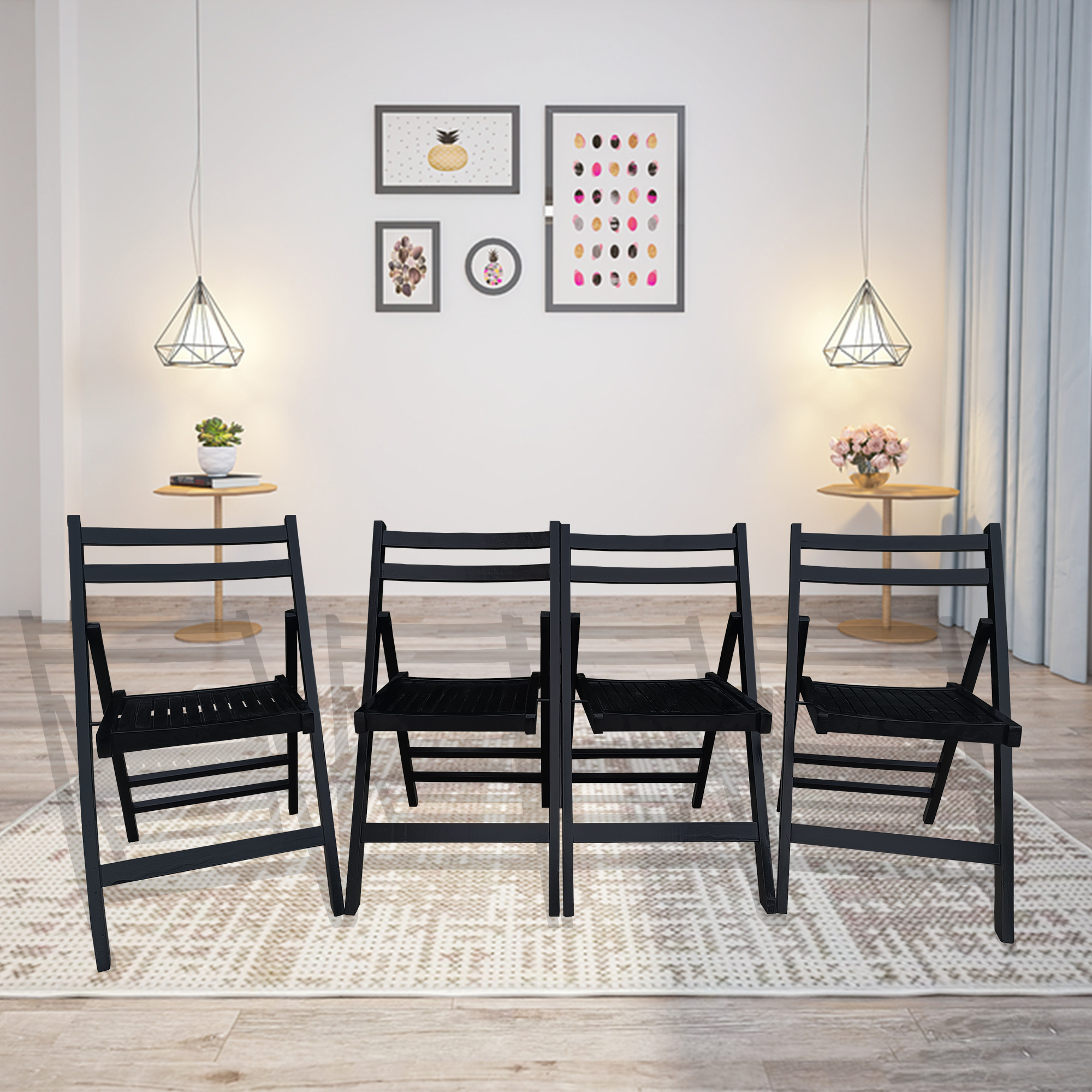 Furniture Slatted Wood Folding Special Event Chair - Black, Set Of 4, FOLDING CHAIR, FOLDABLE STYLE