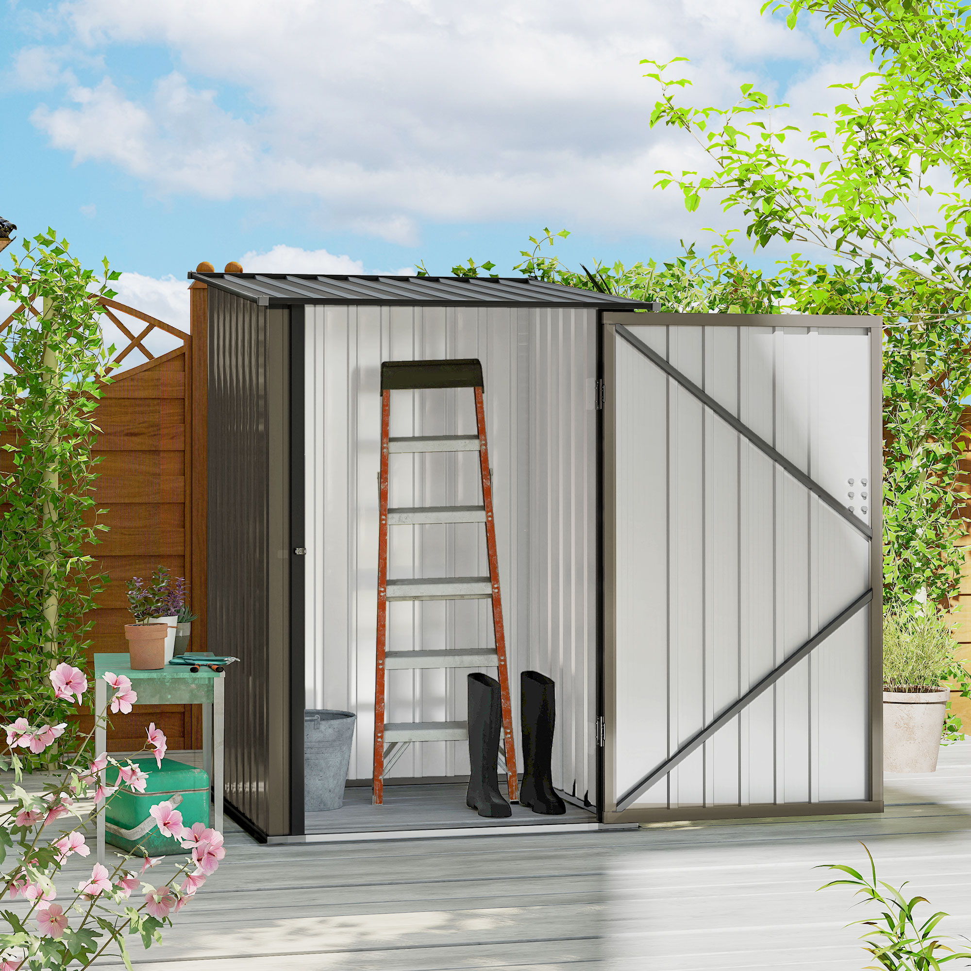 Outdoor 3.3 x 3.4 Lean-to Garden Storage Shed, Galvanized Steel Tool House with Lockable Door for Patio, Brown