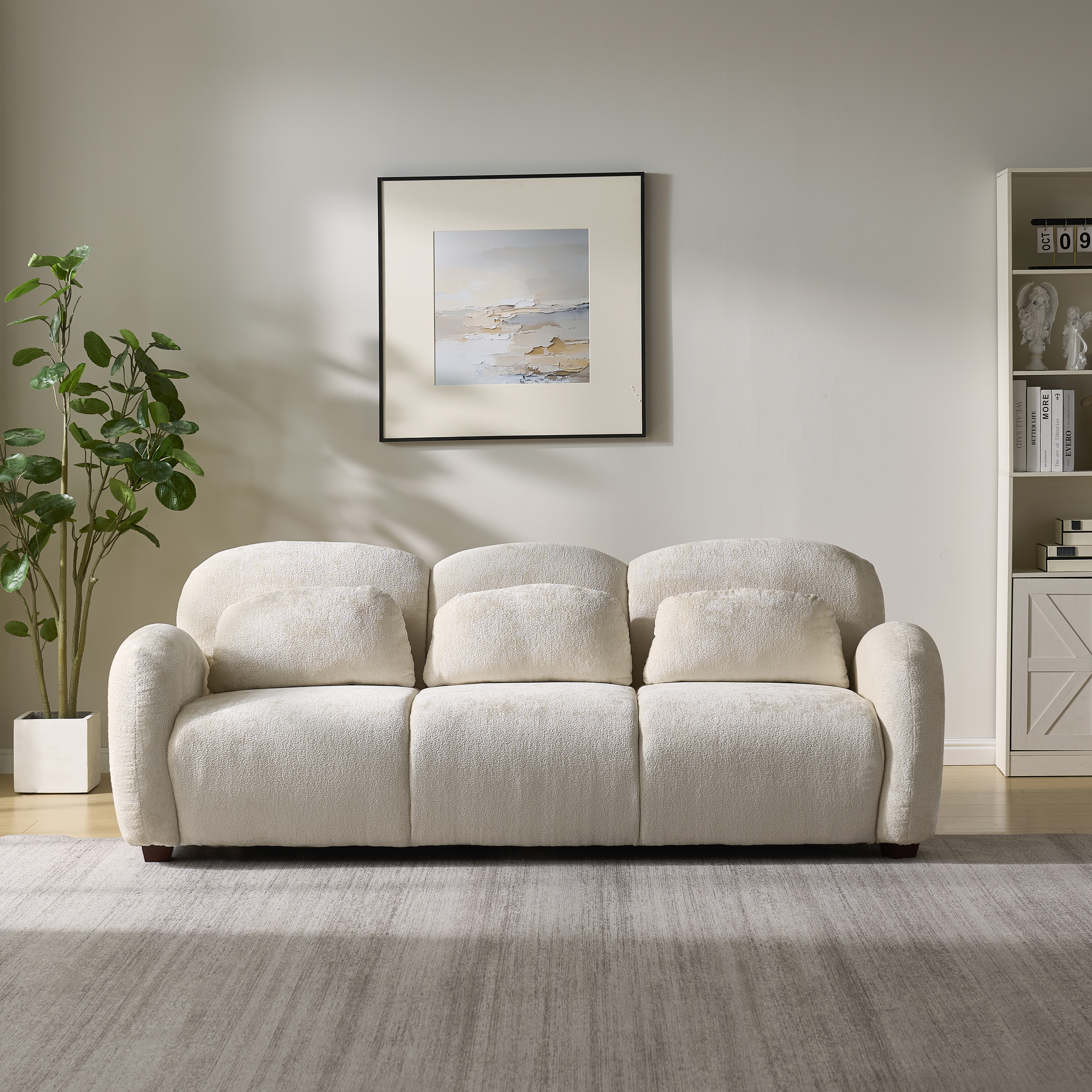 Sofá moderno de 3 plazas de 78 pulgadas, tapizado en bouclé, con 3 cojines, Beige